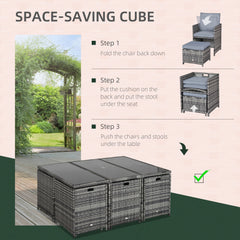 10 Seater Rattan Cube Garden Furniture Set with Parasol Hole, Rattan Dining Set with Cushions, Outdoor Dining Table and Chairs with Rectangular Glass Top Table for Patio, Mixed Grey