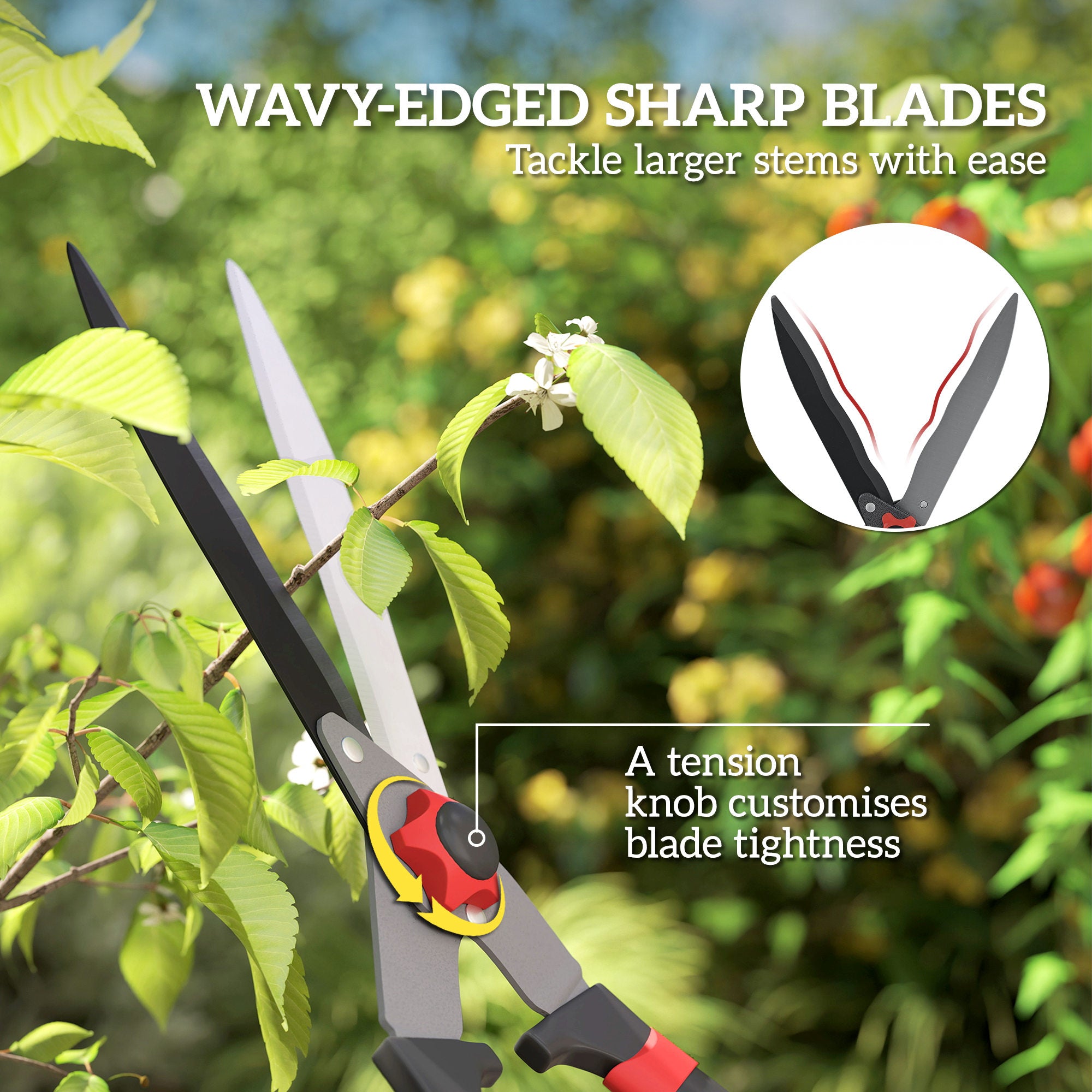 Garden Shears, 63.5 cm Heavy Duty Hedge Shears with Razor-Sharp Blades, Comfort Grip and Tension Adjuster for Hedges, Shrubs and Bushes, Easy Cutting and Trimming