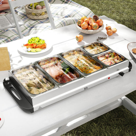 Electric Food Warmer 5 Tray, 9.2L Portable Buffet Server and Warming Tray with Lids, Adjustable Temperature Control and Cool Touch Handles, 450W, 3 x 2.4L and 2 x 1L, Silver Tone