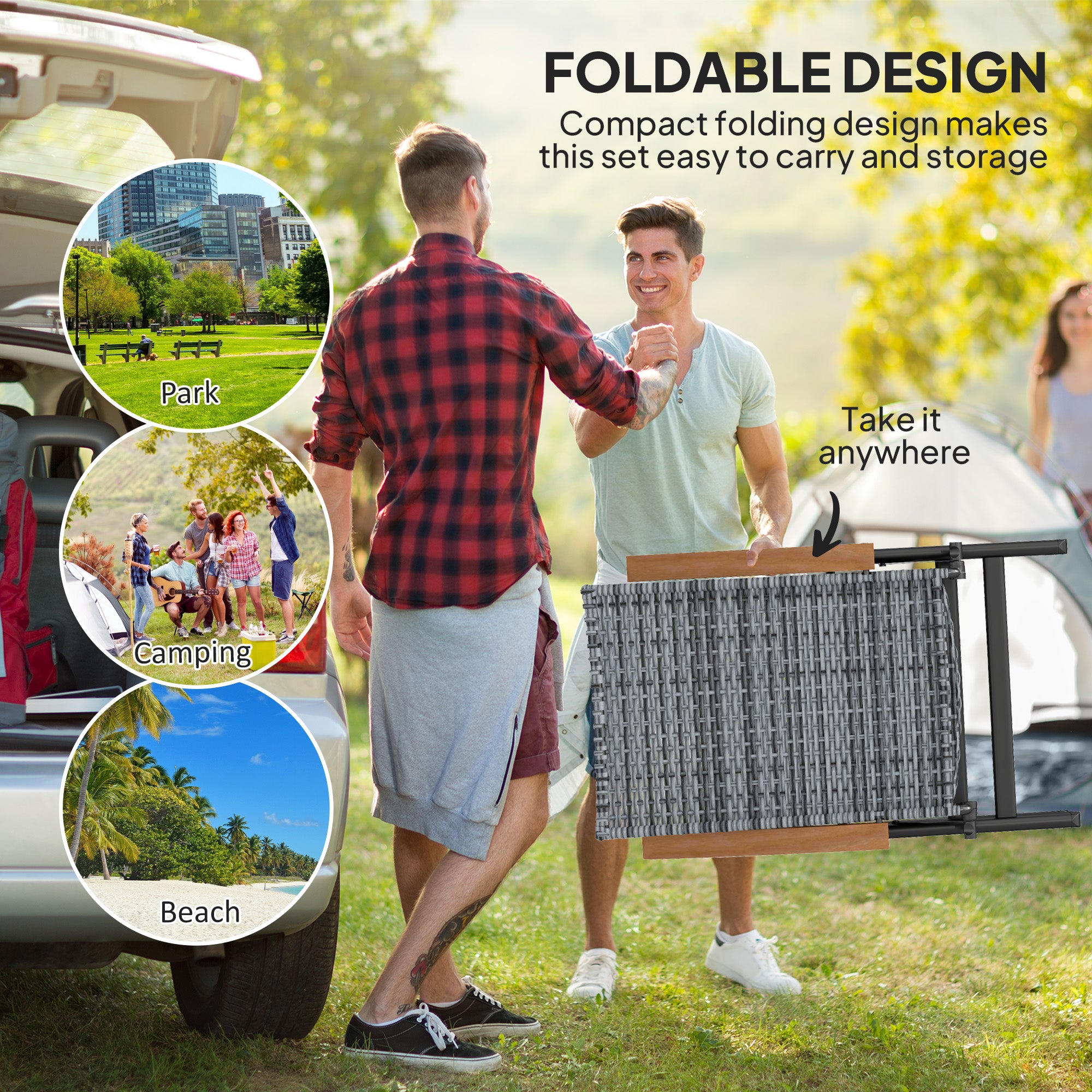 Folding Rattan Garden Dining Chair with 5-level Reclining High Back, Wood Armrests for Outdoor, Patio - Light Grey