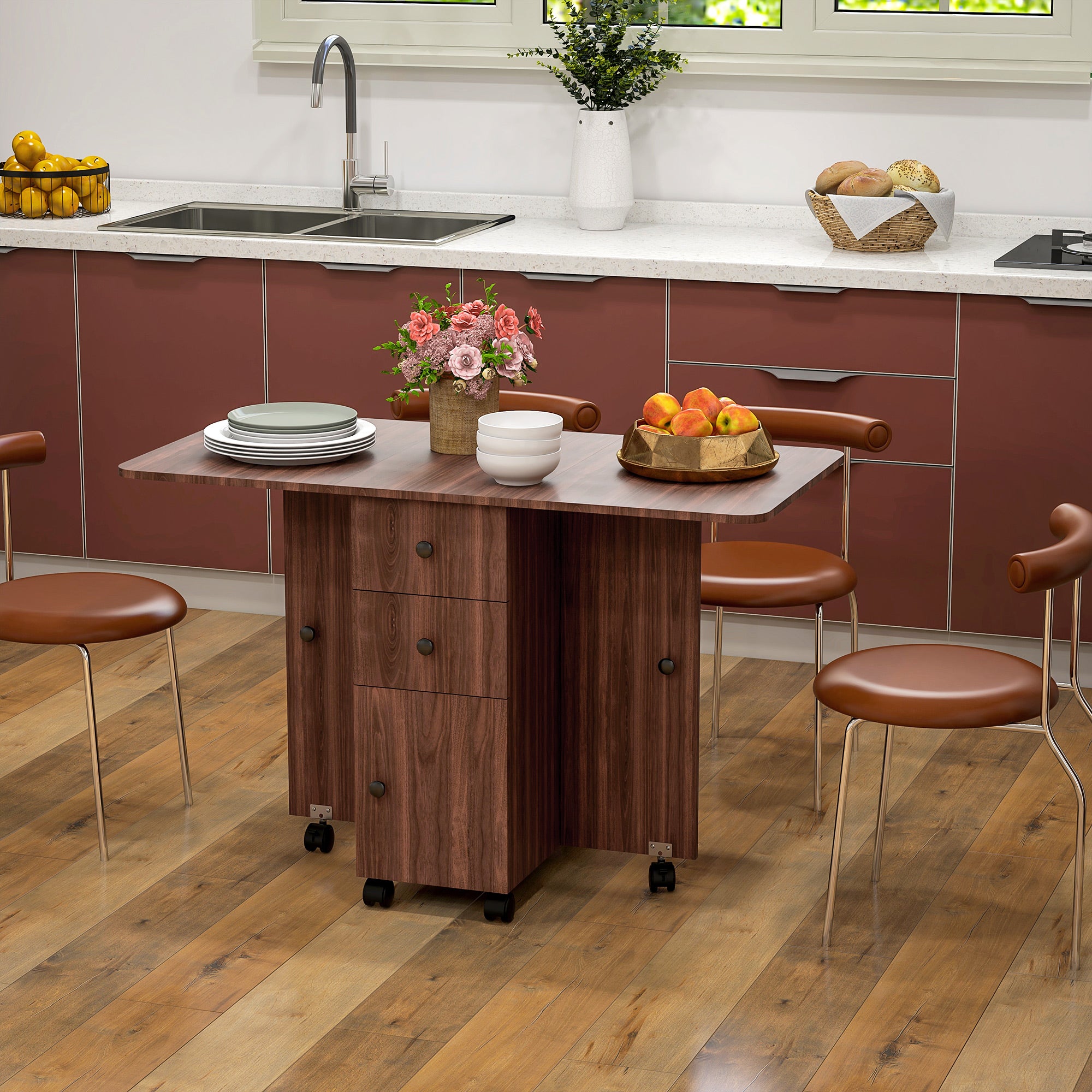 Multi-Storage Six-Person Drop Leaf Dining Table - Distressed Brown