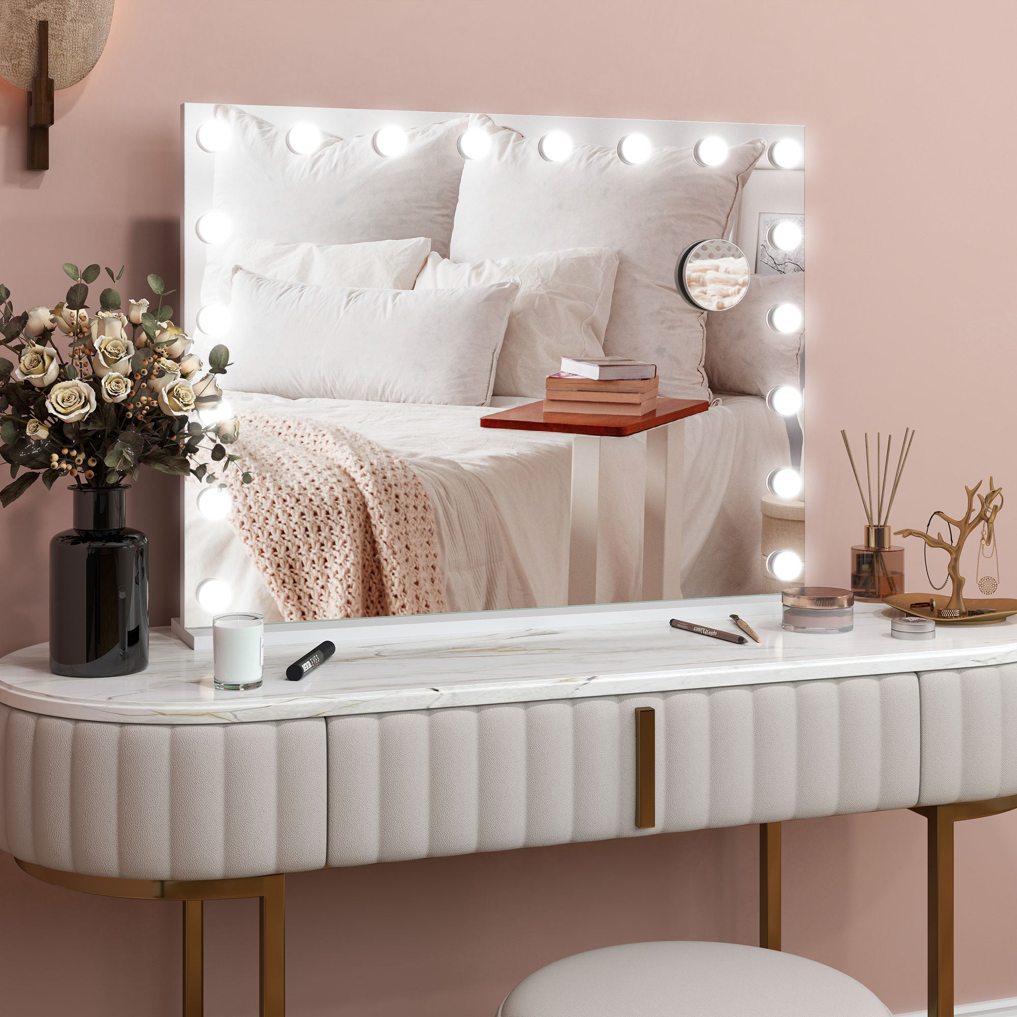 Hollywood Vanity Mirror with Lights, Large 80x62 cm Lighted Makeup Mirror with 3 Colour, 18 LED Bulbs, 10X Magnifying, USB Charging Port, Touch Screen, Tabletop or Wall Mounted Design, White