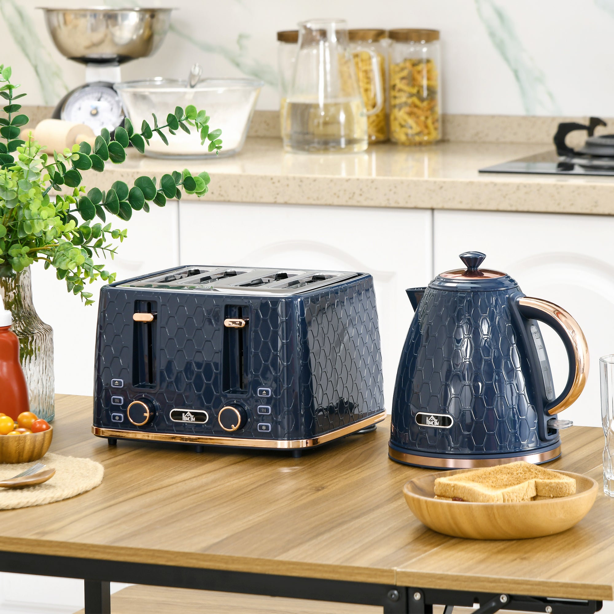 Kettle and Toaster Set, 1.7L 3000W Fast Boil Jug Kettle with Auto Shut Off, 4 Slice Toaster with 7 Level Browning Controls & Crumb Tray, UK Otter Thermostat, Blue