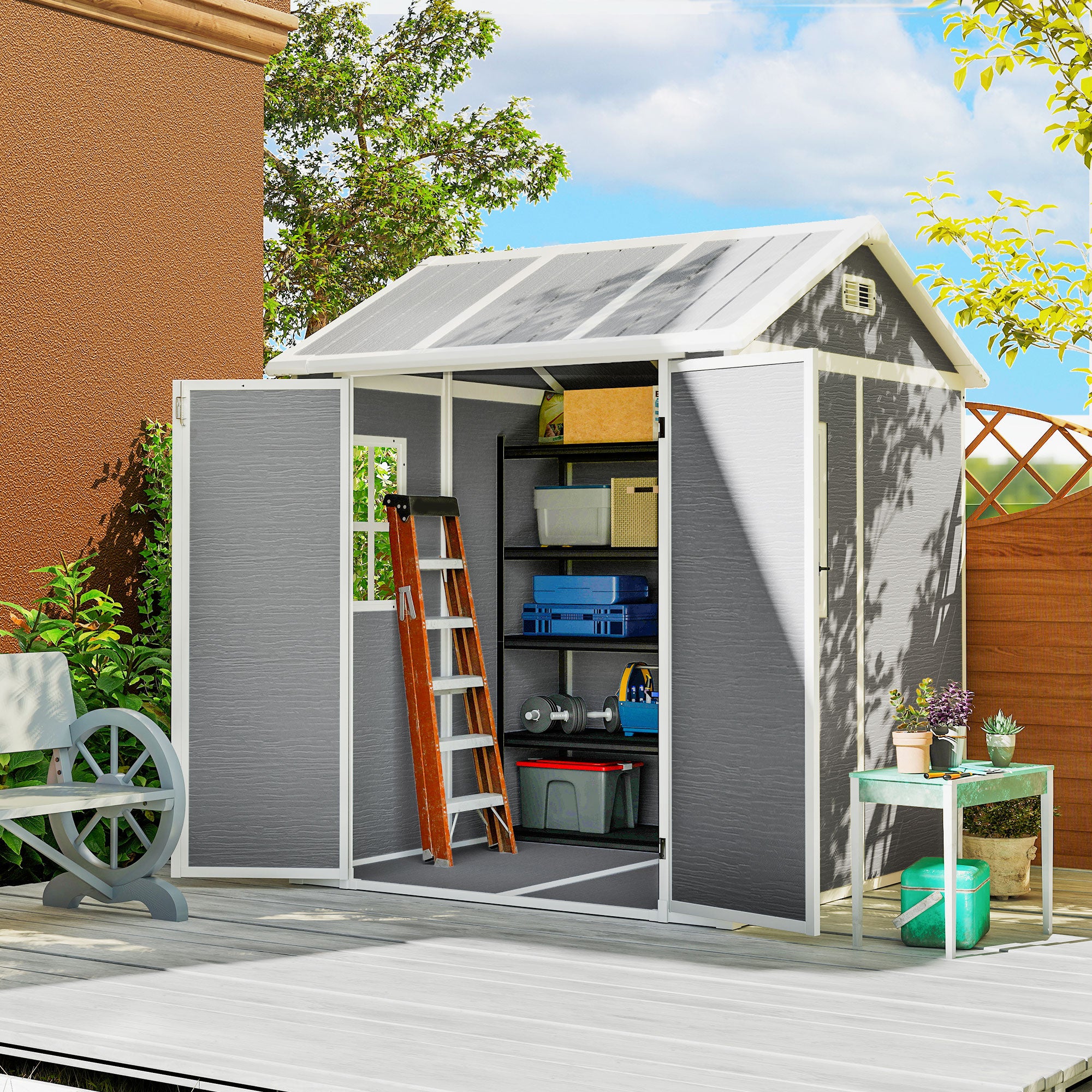 Fynco - 6 x 6ft Garden Shed with Floor, Window, Lockable Doors and Vents, Wood Effect Resin Tool Shed for Outdoor Patio, Grey