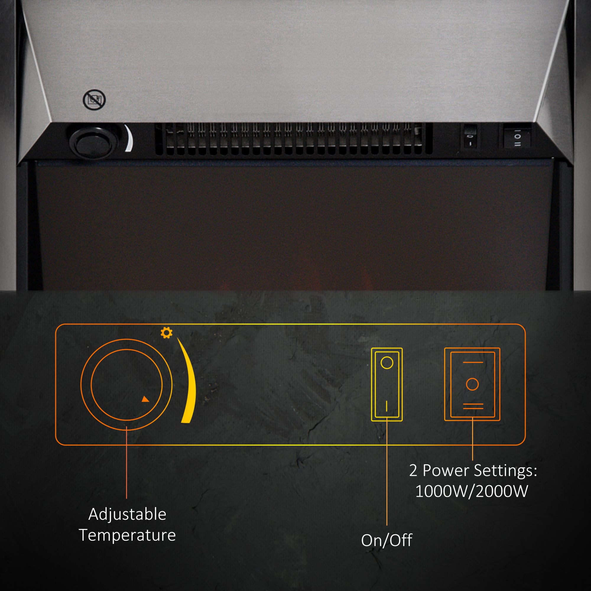Fynco - 2KW Stainless Steel Electric Fireplace Pebble Burning Effect Heater Fire Flame Indoor Stove LED Lighting