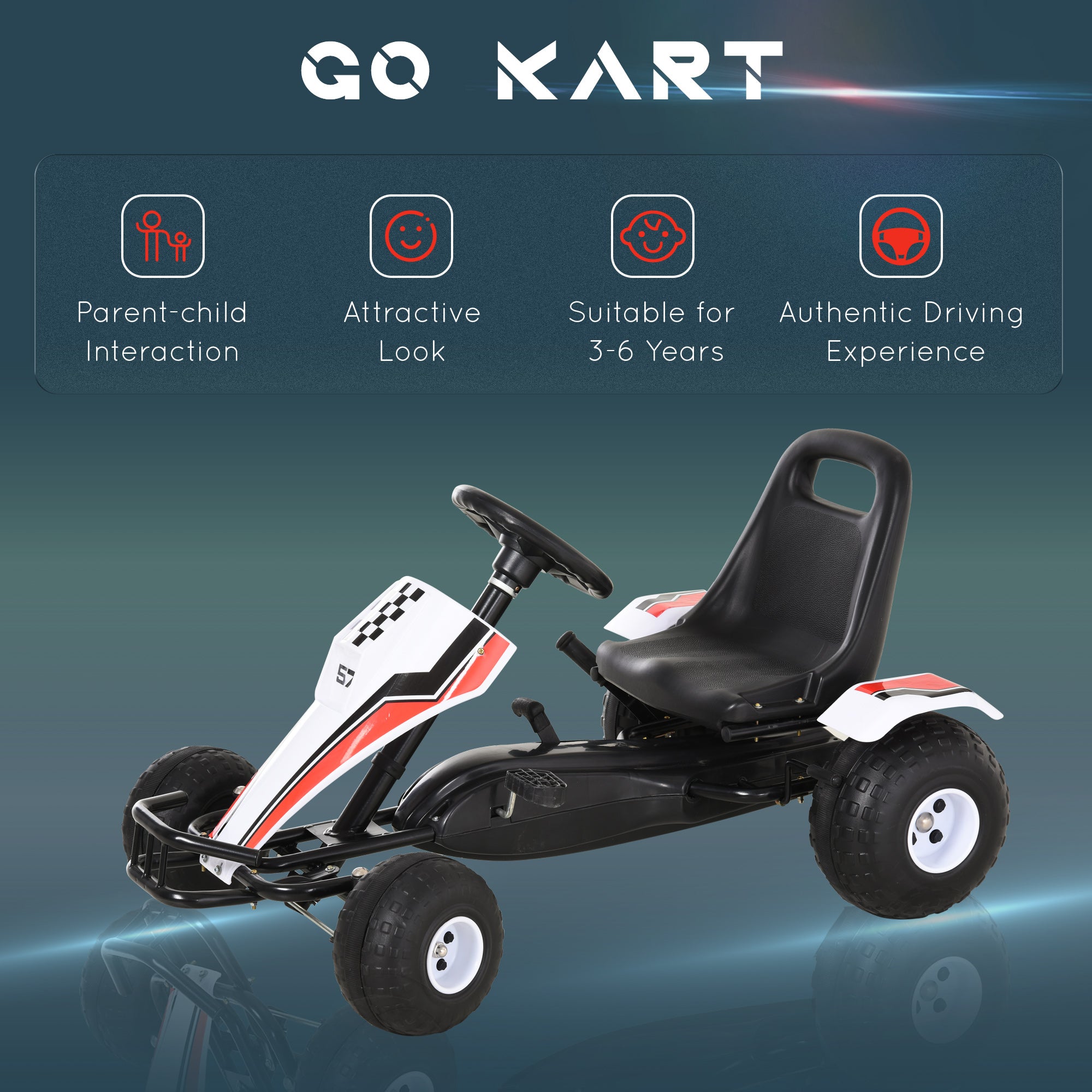 Kids Children Pedal Go Kart Manual Ride On Car w/ Brake Gears Steering Wheel Adjustable Seat 4 Smooth Wheels Racing-Style White 104 x 66 x 57 cm