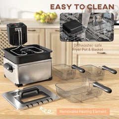 5 Litre Deep Fat Fryer with Adjustable Temperature & Timer, 2000W Stainless Steel Deep Fryer with Removable Oil Basket and Viewing Window, for Chips Fried Chicken