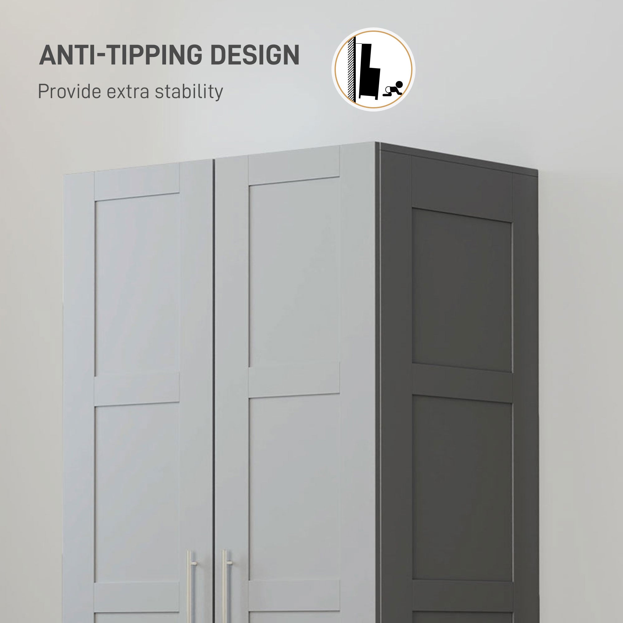 Double Paneled Door Wardrobe, with Shelves - Grey