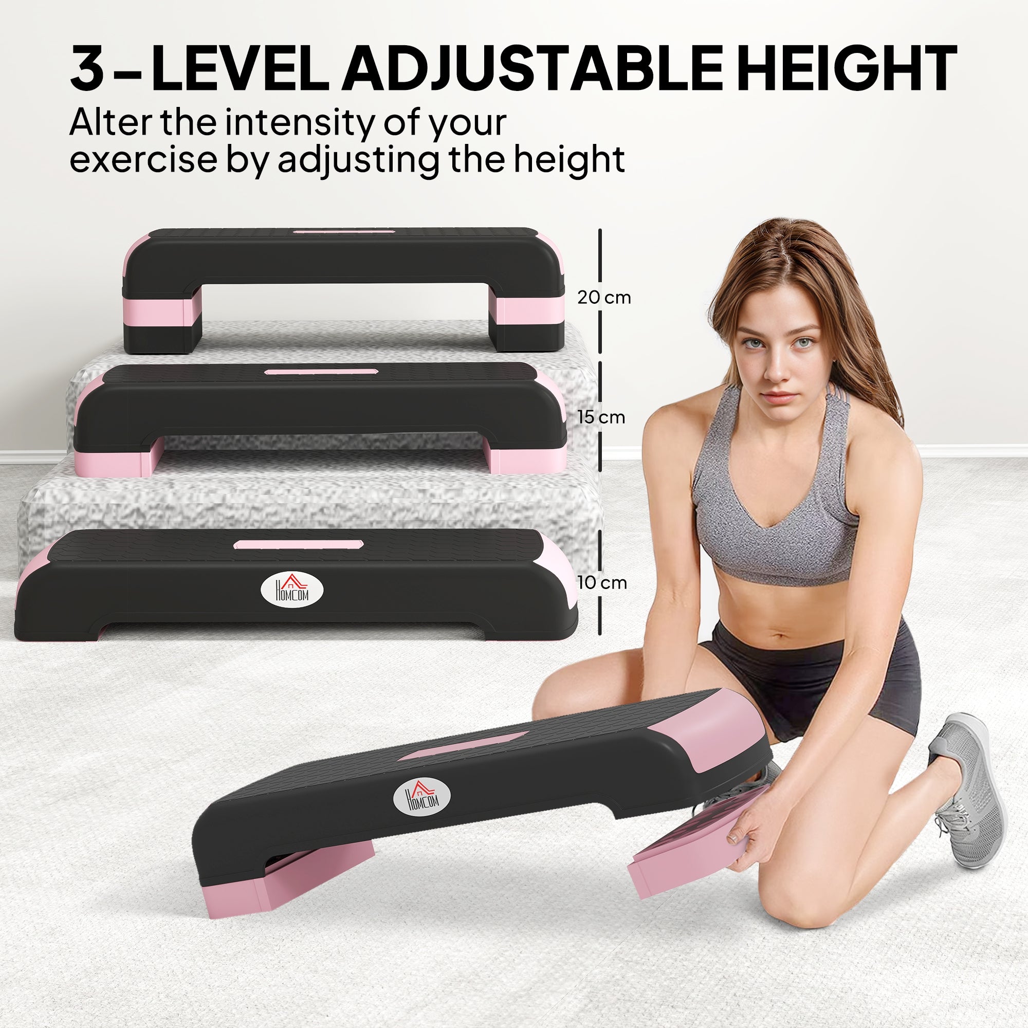 Fynco - Aerobic Step with 3-Level Adjustable Heights for Home, Office Exercise, Black and Pink