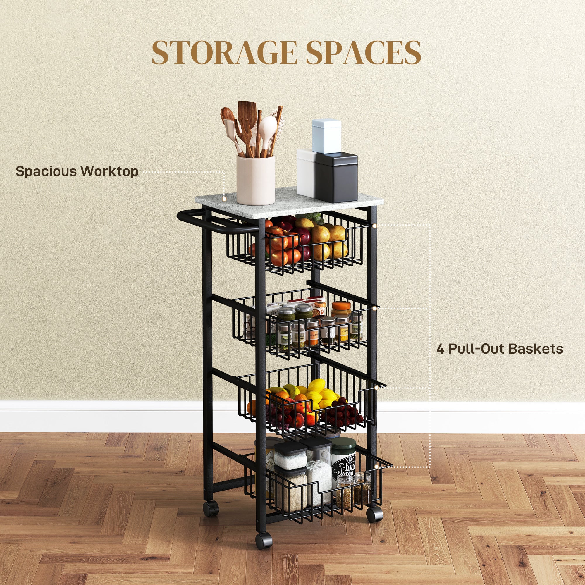 Four Basket Mobile Kitchen Island, with Brakes - Grey/Black