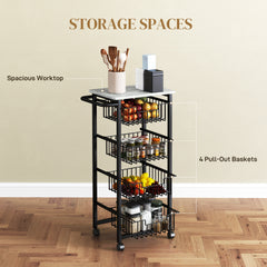 Four Basket Mobile Kitchen Island, with Brakes - Grey/Black