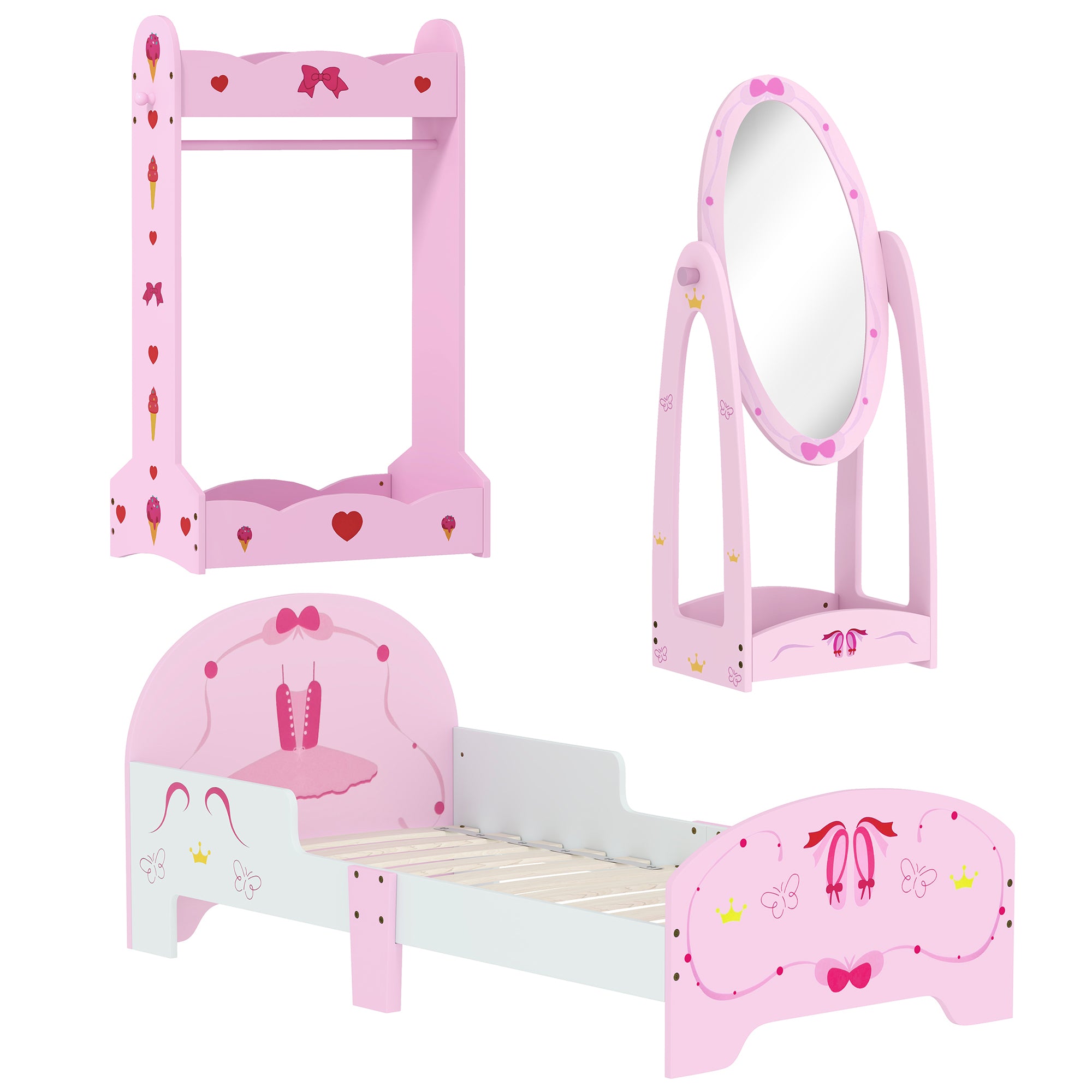 AIYAPLAY Kids Bed with Safety Rails, Kids Clothes Rail, Kids Full Length Mirror, 3 Piece Kids Furniture Set for Bedroom, Pink