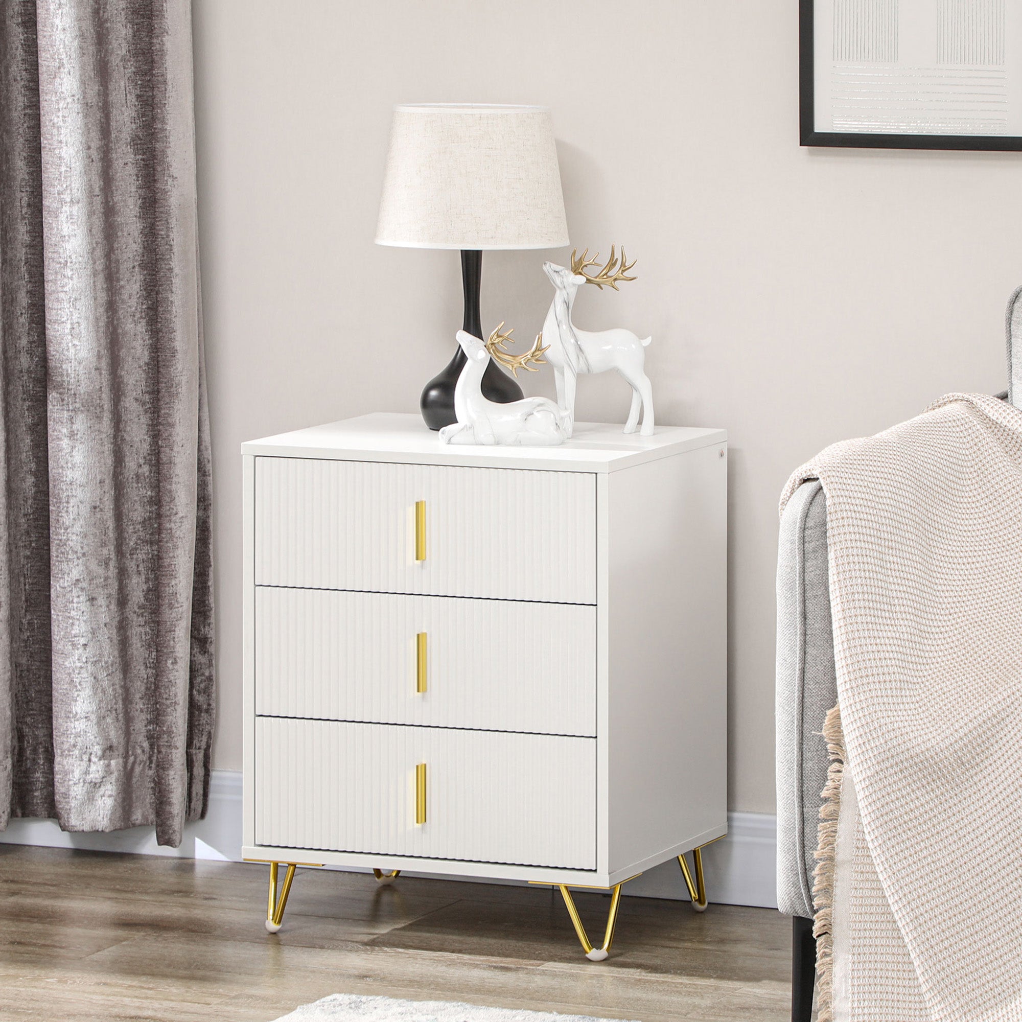 Set of 2 Elegant Chest of Three Drawers - White/Gold-Tone