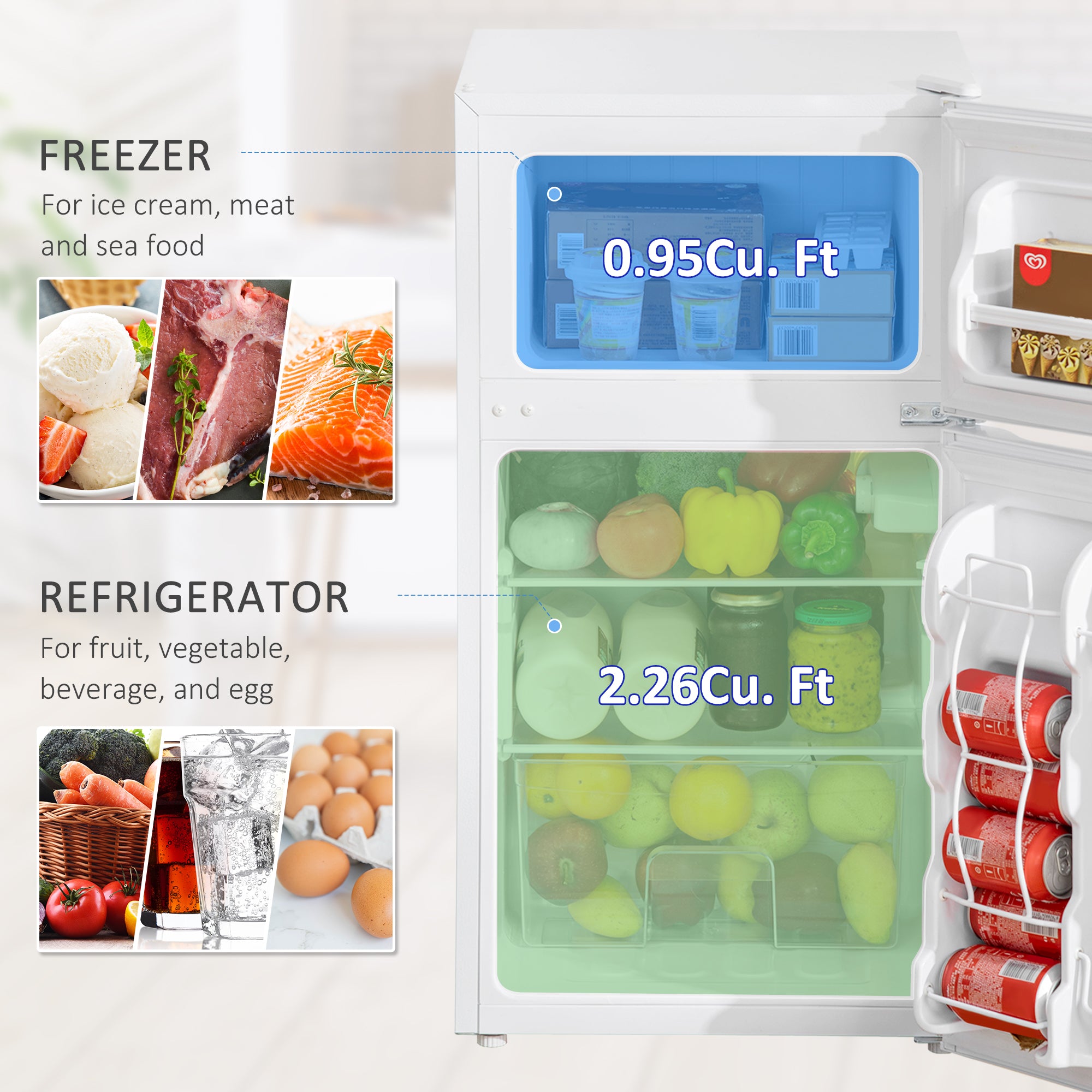 Fynco - 88L Under Counter Fridge Freezer, Small Refrigerator with 5-Setting, 3 Star Freezer Rating, White