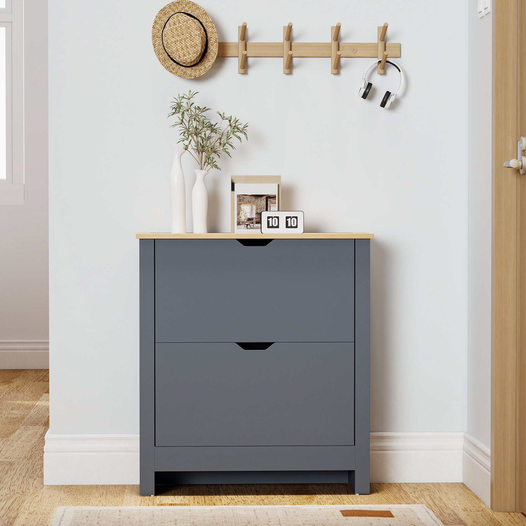 Fynco - Slim Shoe Cabinet, Narrow Shoe Cupboard with 2 Flip Drawers, Adjustable Shelves for 12 Pairs of Shoes, Charcoal Grey