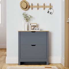 Fynco - Slim Shoe Cabinet, Narrow Shoe Cupboard with 2 Flip Drawers, Adjustable Shelves for 12 Pairs of Shoes, Charcoal Grey