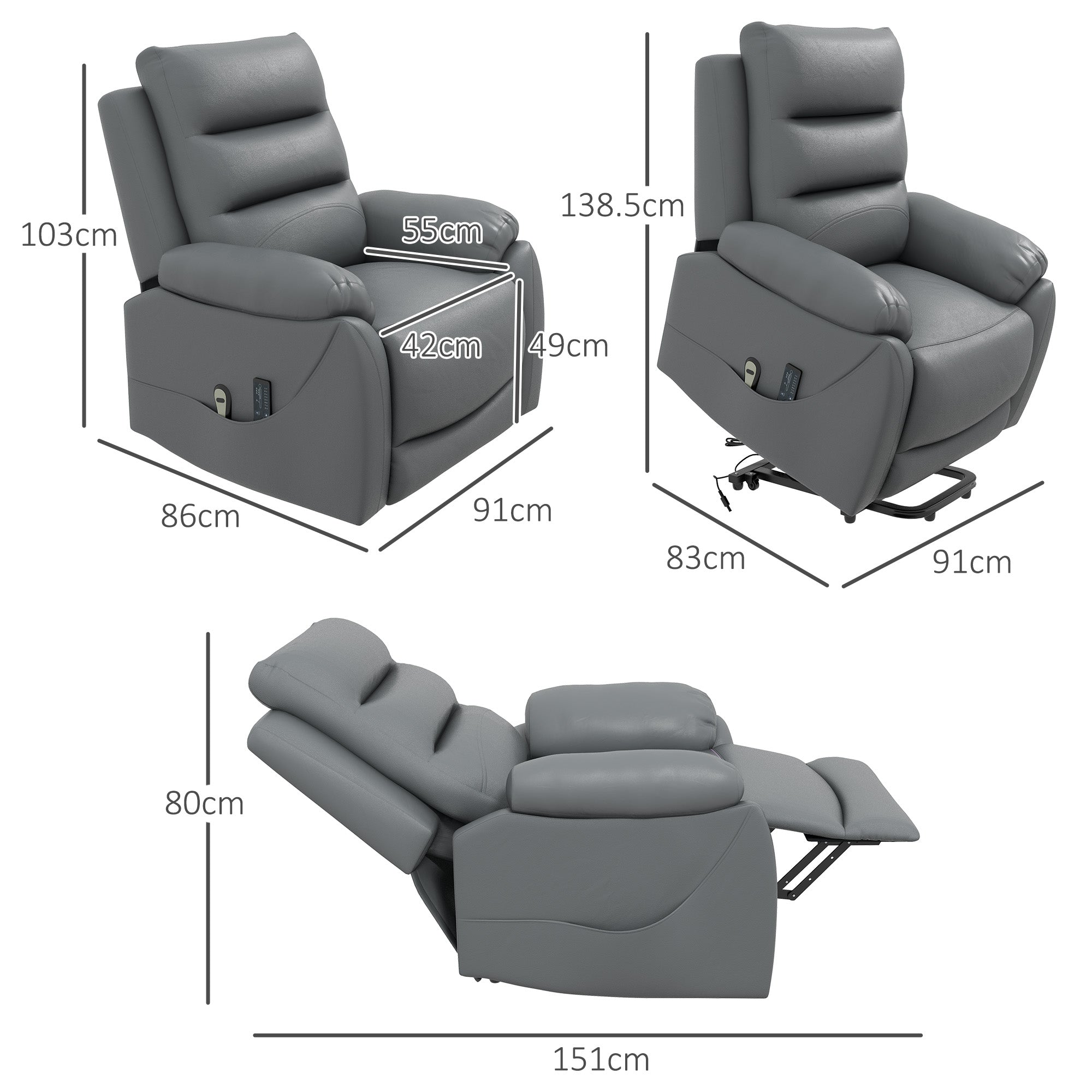 Electric Riser and Recliner for Elderly with 8 Vibration Massage, PU Leather Power Lift Recliner Chair for Living Room with Side Pockets, Footrest, Grey