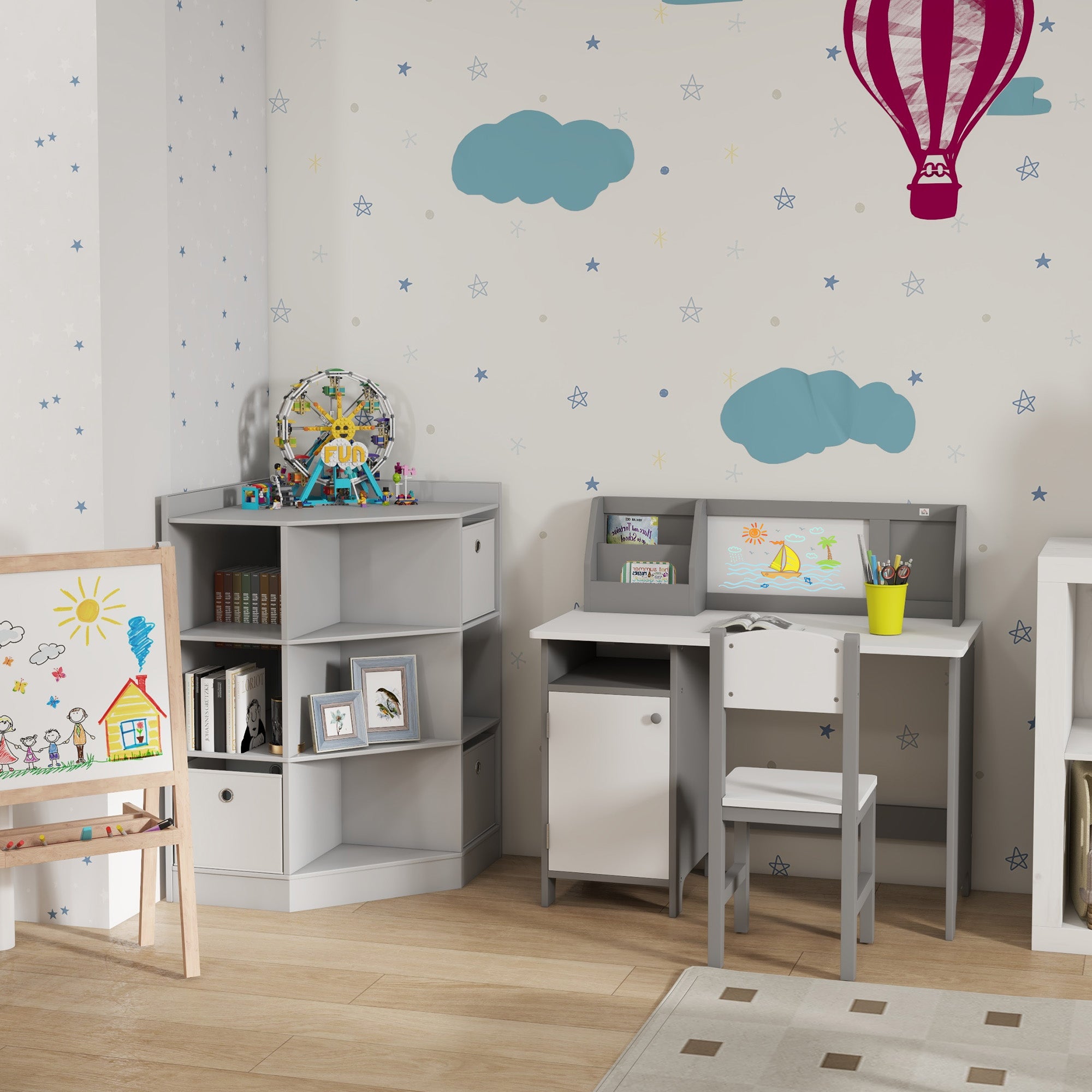 Kids Table and Chair Set w/ Whiteboard - Grey