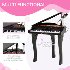 37 Keys Kids Mini Electronic Keyboard Children Grand Piano with Stool Microphone Light Musical Instrument Educational Game Toy Set (Black)