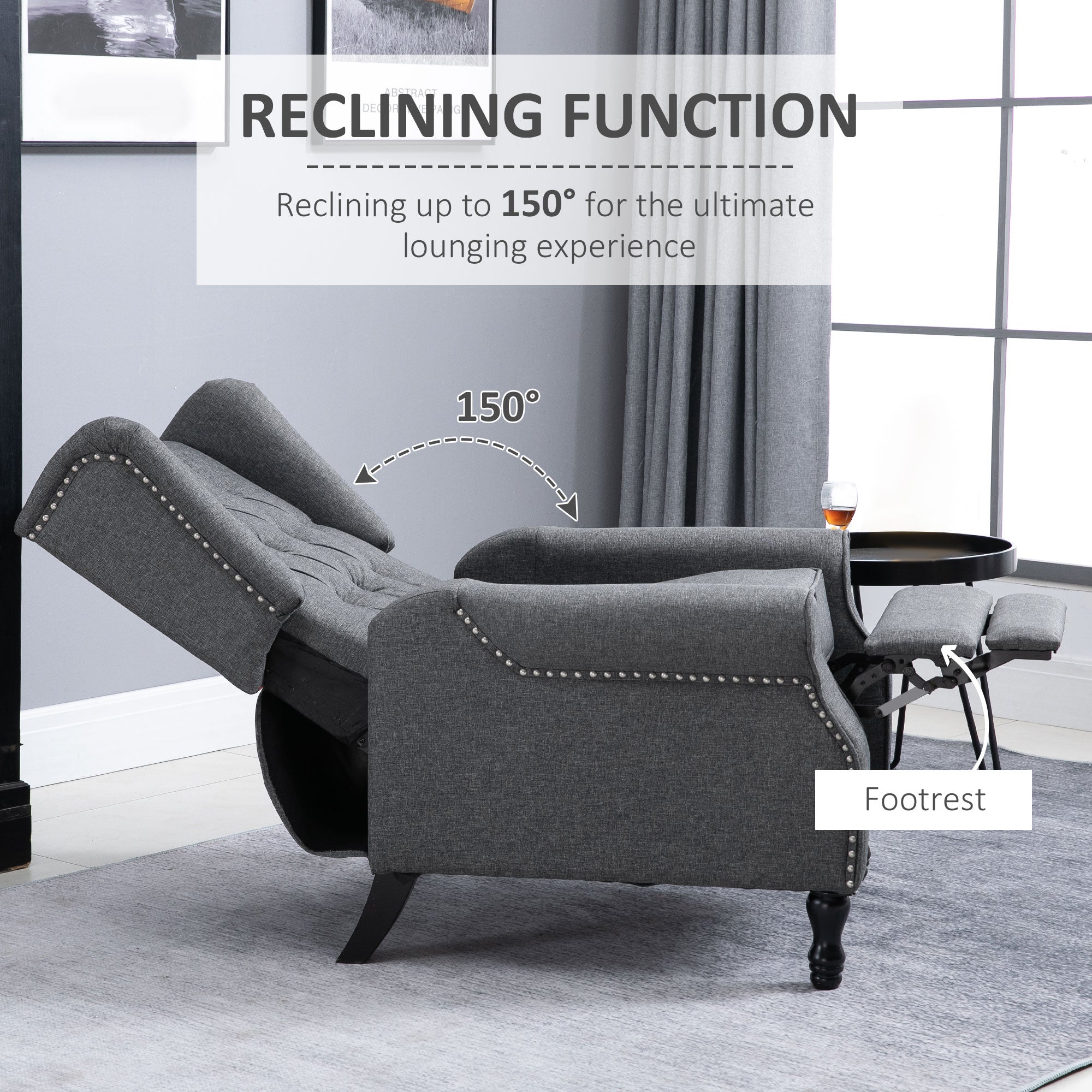 Recliner Armchair, Vintage Reclining Chair with Nail Head Trim, Wingback Chair with Button Tufted Back and Footrest, for Living Room, Grey