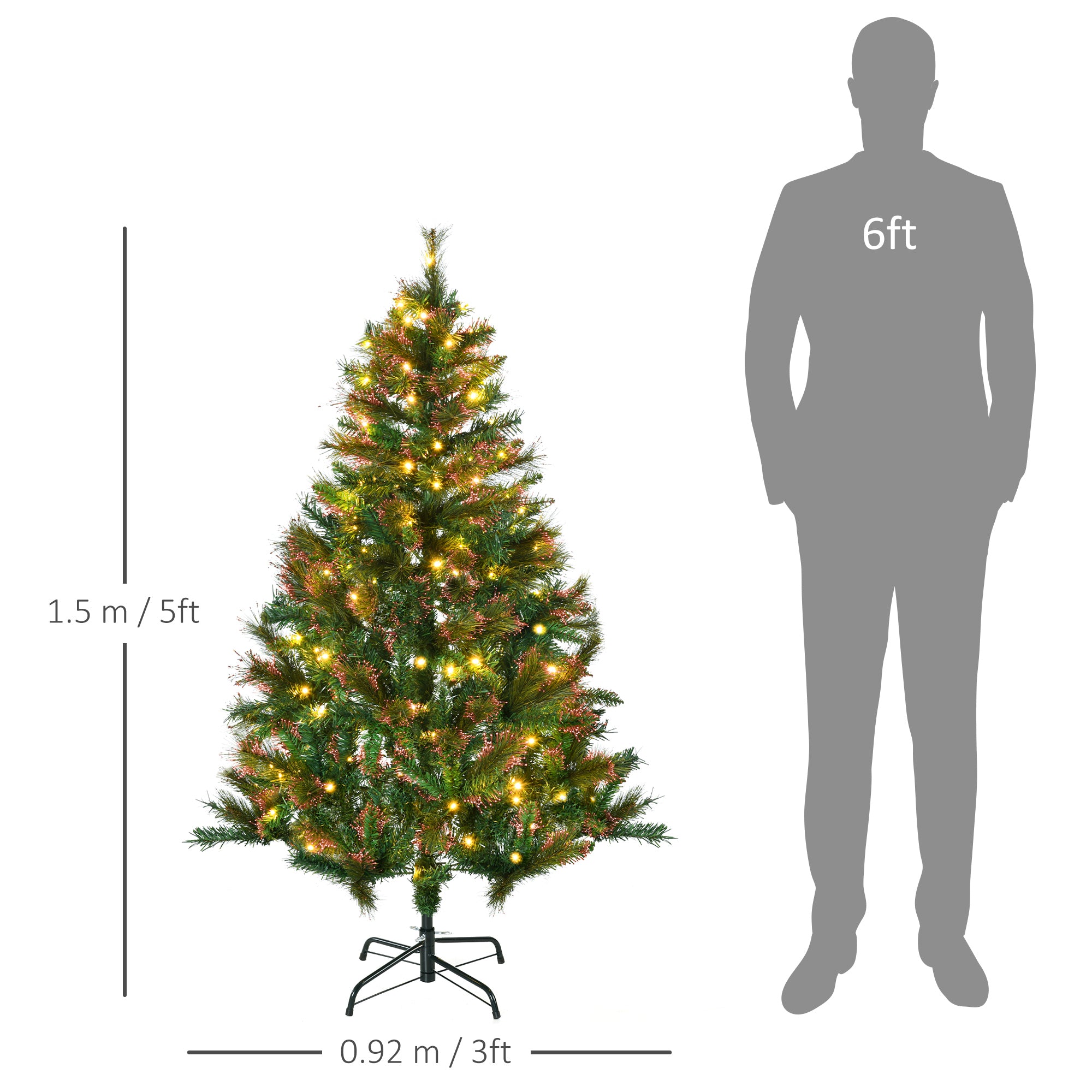 1.5m 5ft Pre-Lit Christmas Tree Artificial Spruce Xmas Tree Warm White LED Holiday Décor with Metal Stand