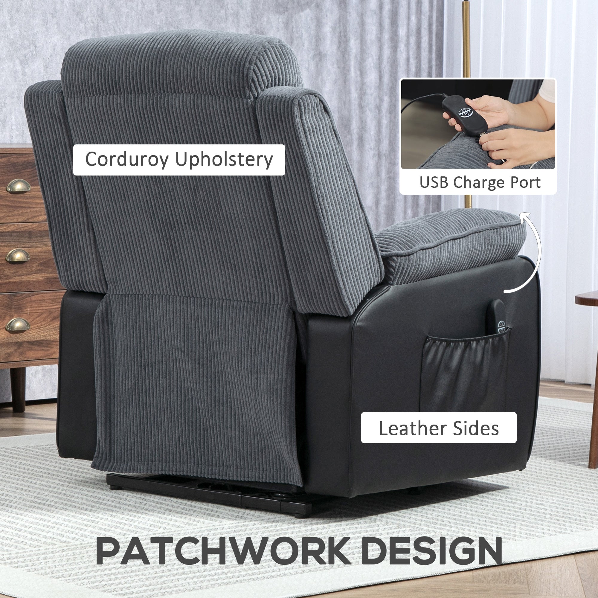 Overstuffed Corduroy Electric Lift Chair - Dark Grey
