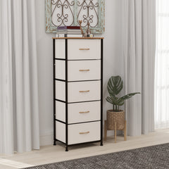 Fabric Chest of Drawers, Industrial Bedroom Dresser with 5 Fabric Drawers, Steel Frame and Wooden Top for Nursery, Living Room, Hallway, Cream White