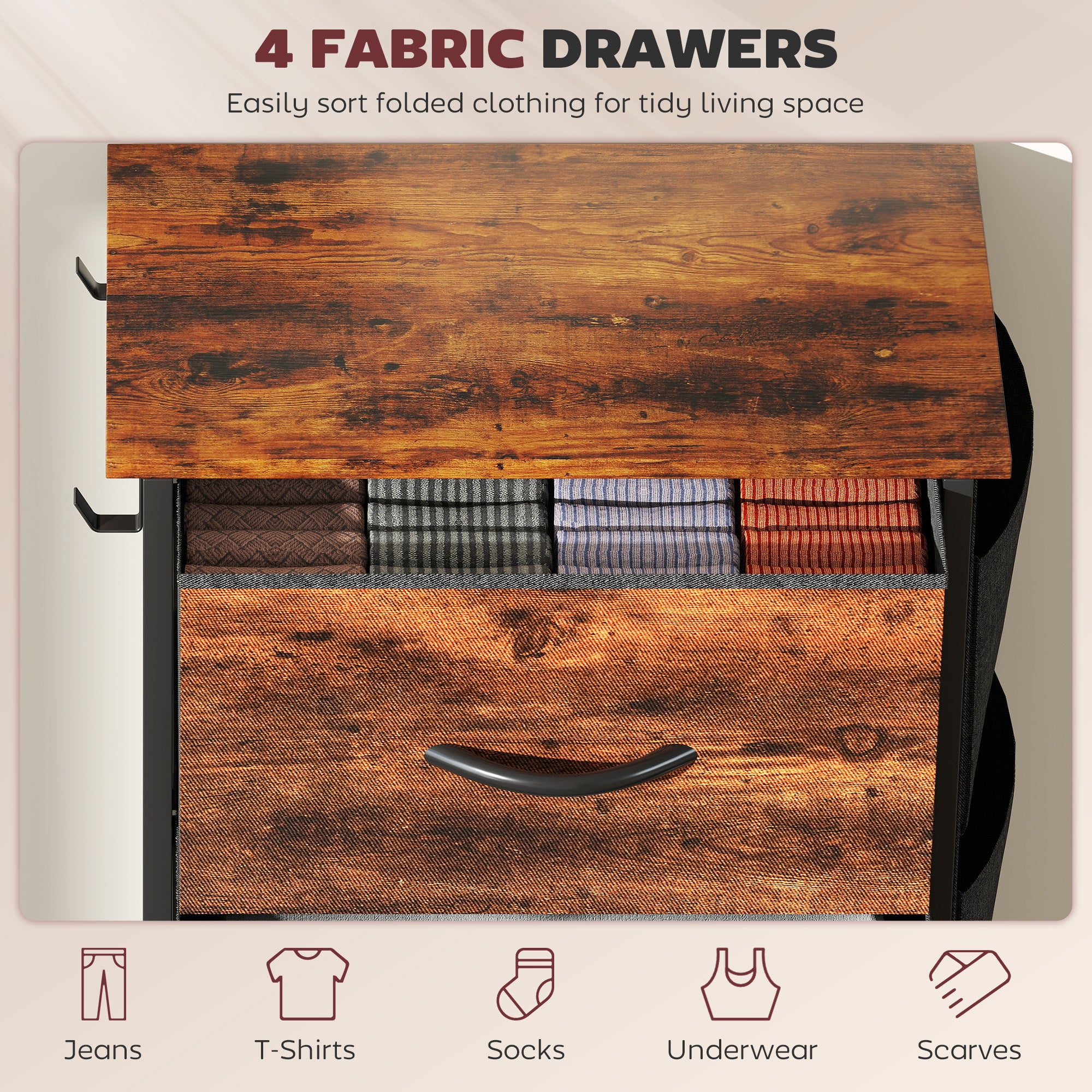 Chest of Four Fabric Drawers - Rustic Brown
