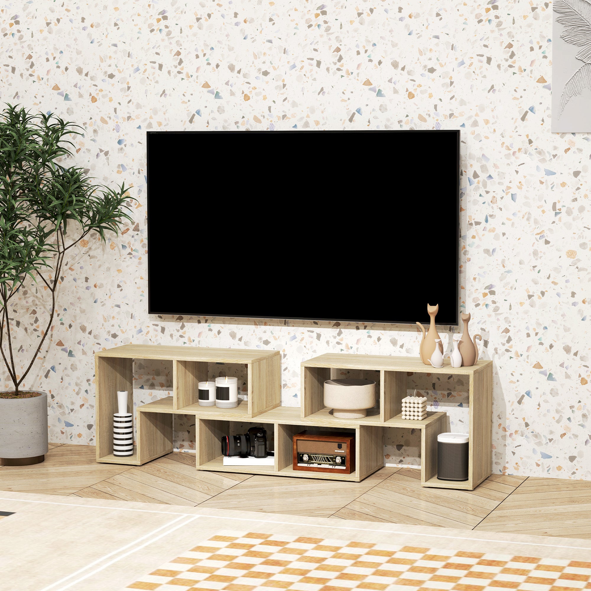 TV Stand for TVs up to 75 Inches, Free Combination TV Unit with Storage Shelves, Extendable Entertainment Centre for Living Room, Grey Oak Wood Grain