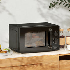 23L 800W Microwave Oven, Solo Manual Microwave with 5 Power Levels, Defrost, 35 Minutes Timer, Clock, Easy Clean, Small Black Microwave