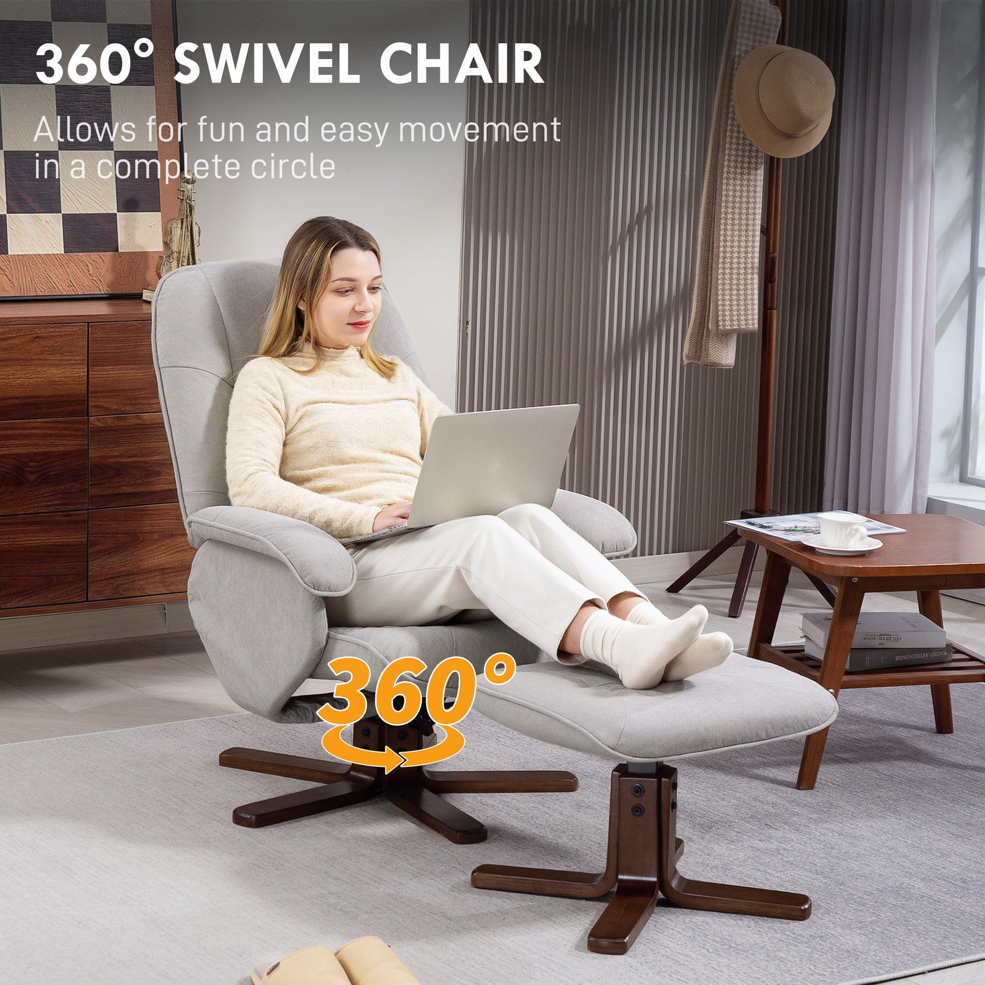 Linen Swivel Recliner Chair with Footstool, Upholstered Reclining Armchair with Wooden Base for Living Room, Light Grey