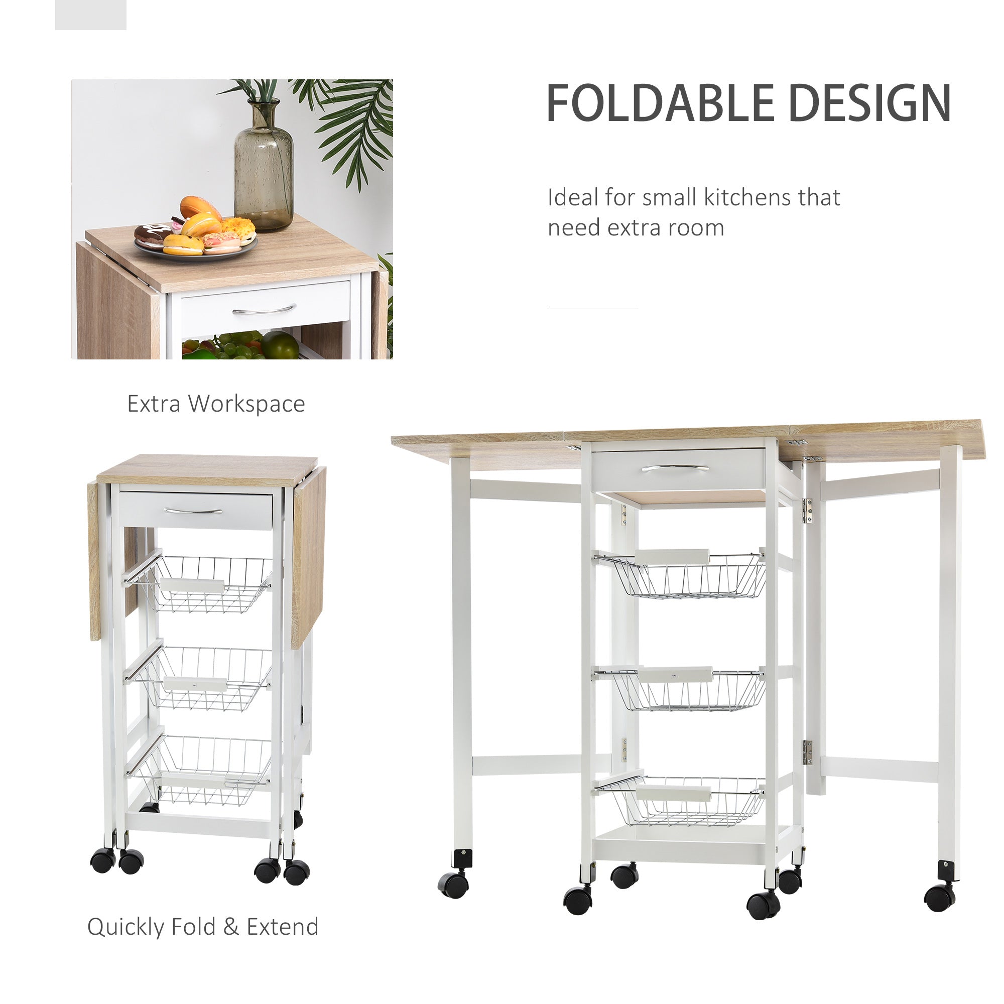 Drop-Leaf Kitchen Cart Trolley w/ 3 Baskets Drawer Surface Top 6 Universal Wheels Rolling Storage Unit Kitchen Home Dining Island White Oak Tone
