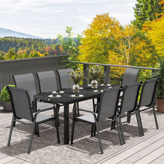 8 Seater Garden Dining Set with Stacking Chairs, Rectangular Tempered Glass Top, Garden Furniture Set, Outdoor Dining Table and Chairs for Patio, Balcony, Poolside, Dark Grey