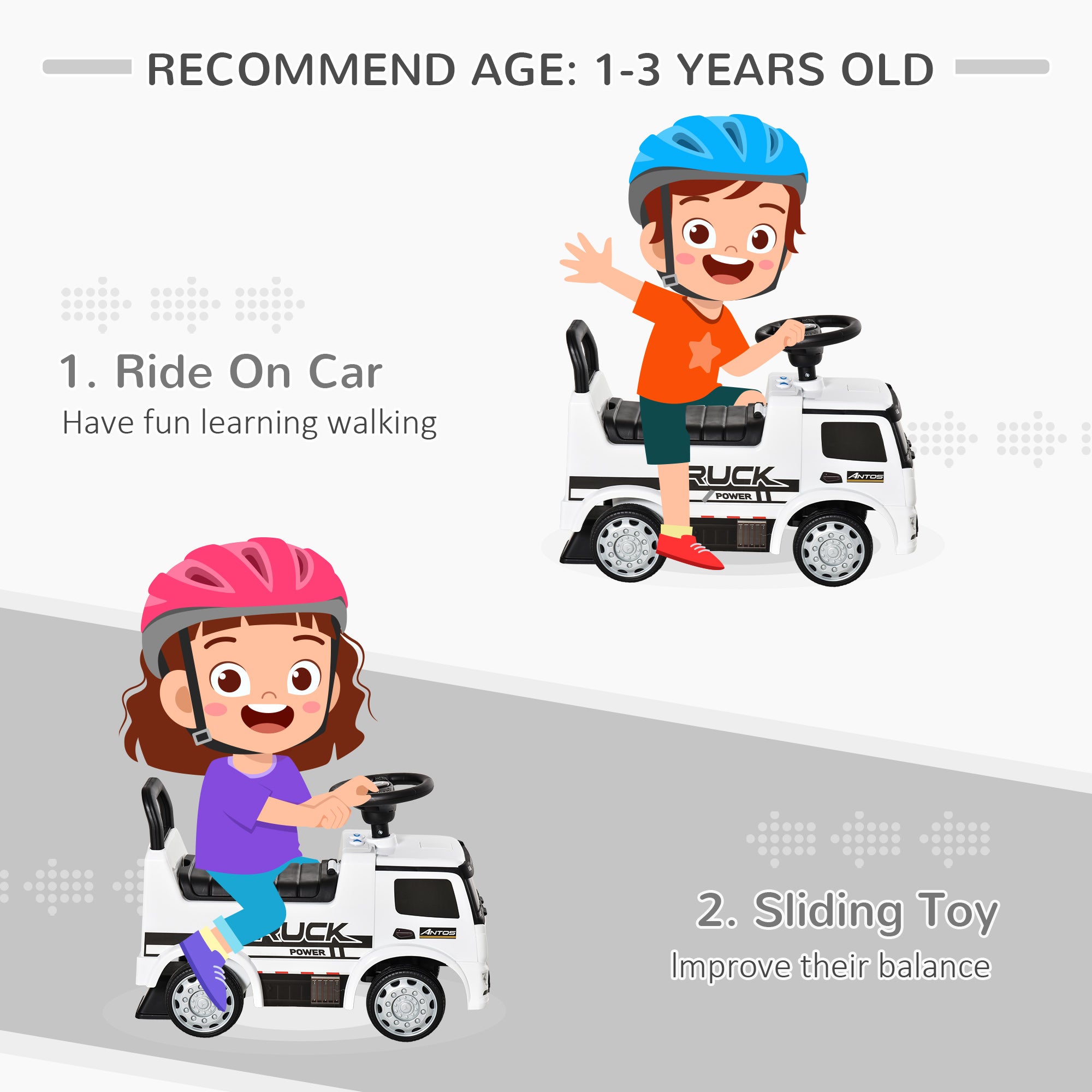 3-in-1 Ride On Car Foot To Floor Slider Toddler w/ Horn Steering Wheel NO POWER Manual Under Seat Storage Safe Design for 1-3 Year Old White