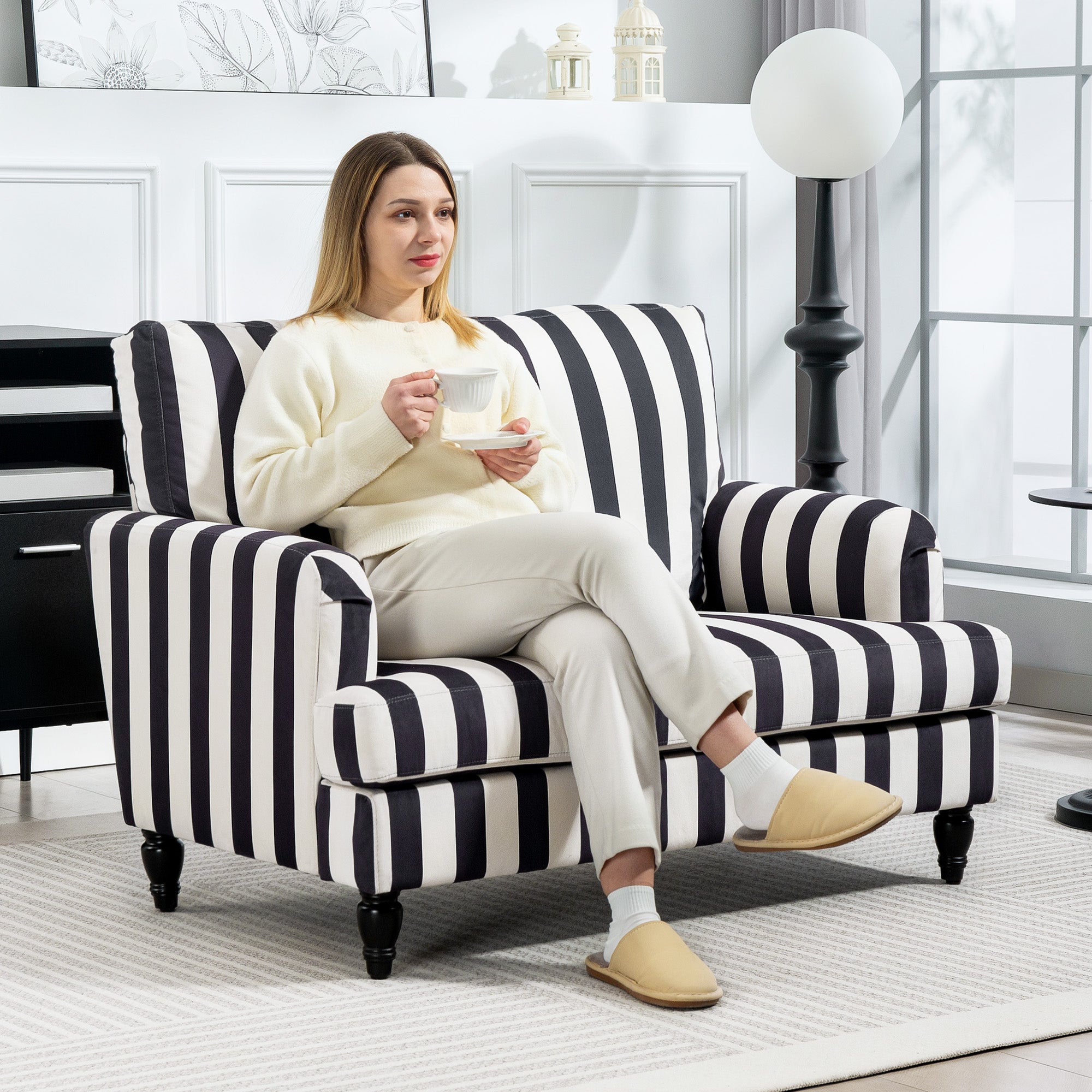 Modern Cuddle Chair, Velvet Single Sofa Armchair with Stripe, Turned Legs and Wide Seat, Upholstered Snuggle Chair for Living Room, Bedroom, Black and White