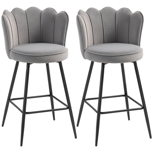 Fynco - Set of Two Velvet-Feel Lotus Bar Stools - Grey