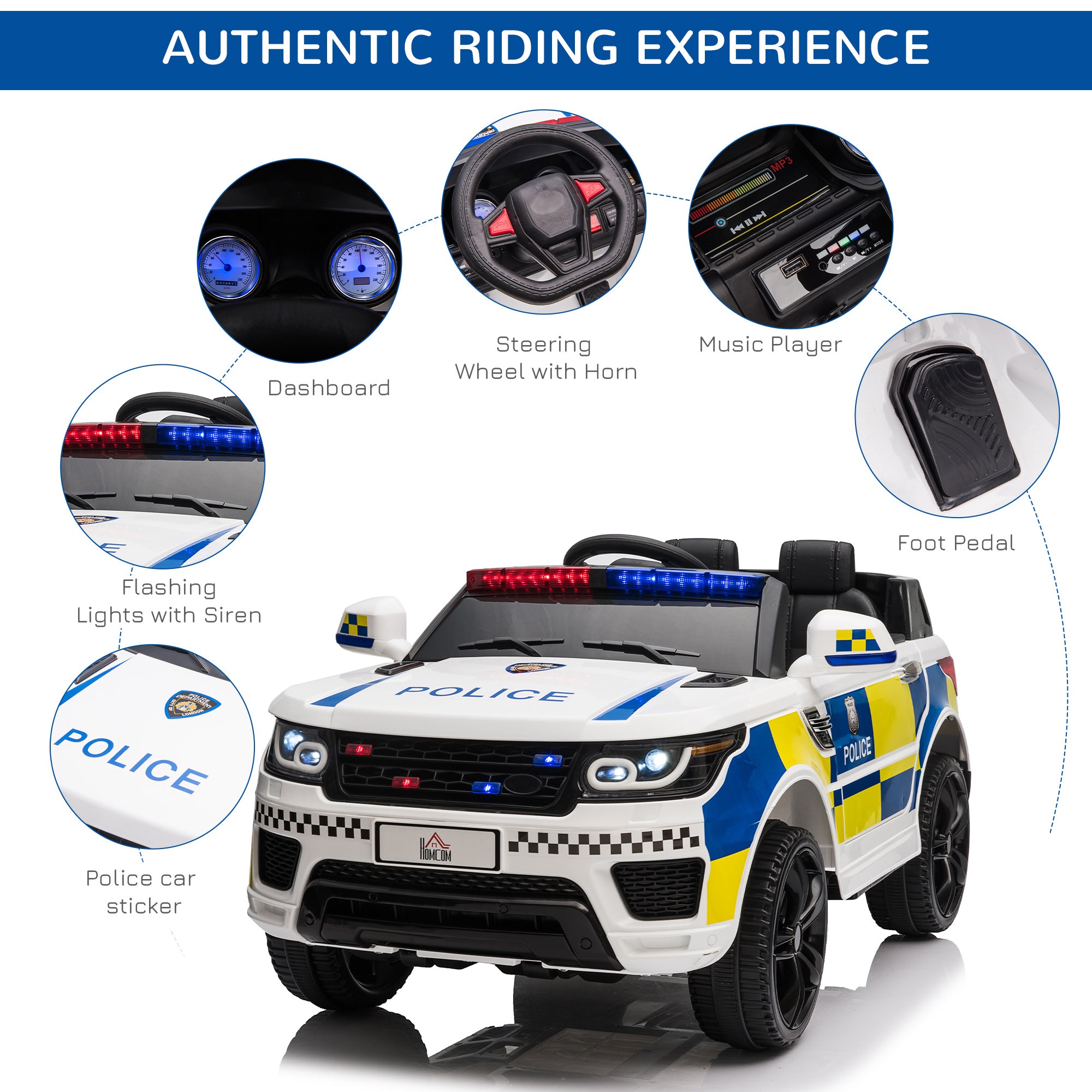 12V Kids Electric Ride On Police Car 2 Motors with Parental Remote Control Siren Flashing Lights USB Portable for 3-6 Years White