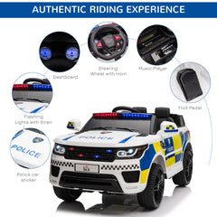 12V Kids Electric Ride On Police Car 2 Motors with Parental Remote Control Siren Flashing Lights USB Portable for 3-6 Years White