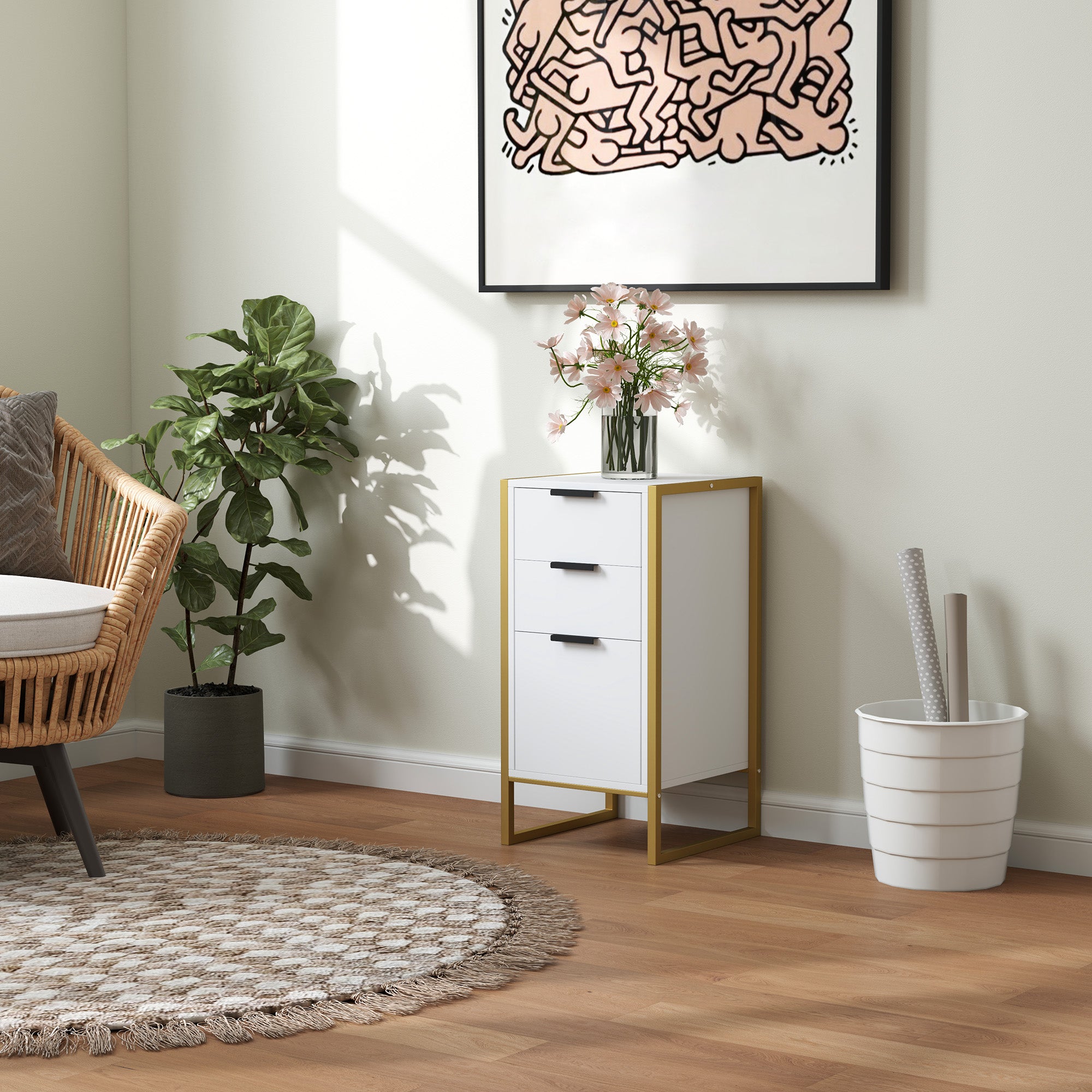 Bedroom Chest of Drawers, Industrial 3-Drawer Dresser, Storage Drawers Unit with Metal Frame for Living Room, White