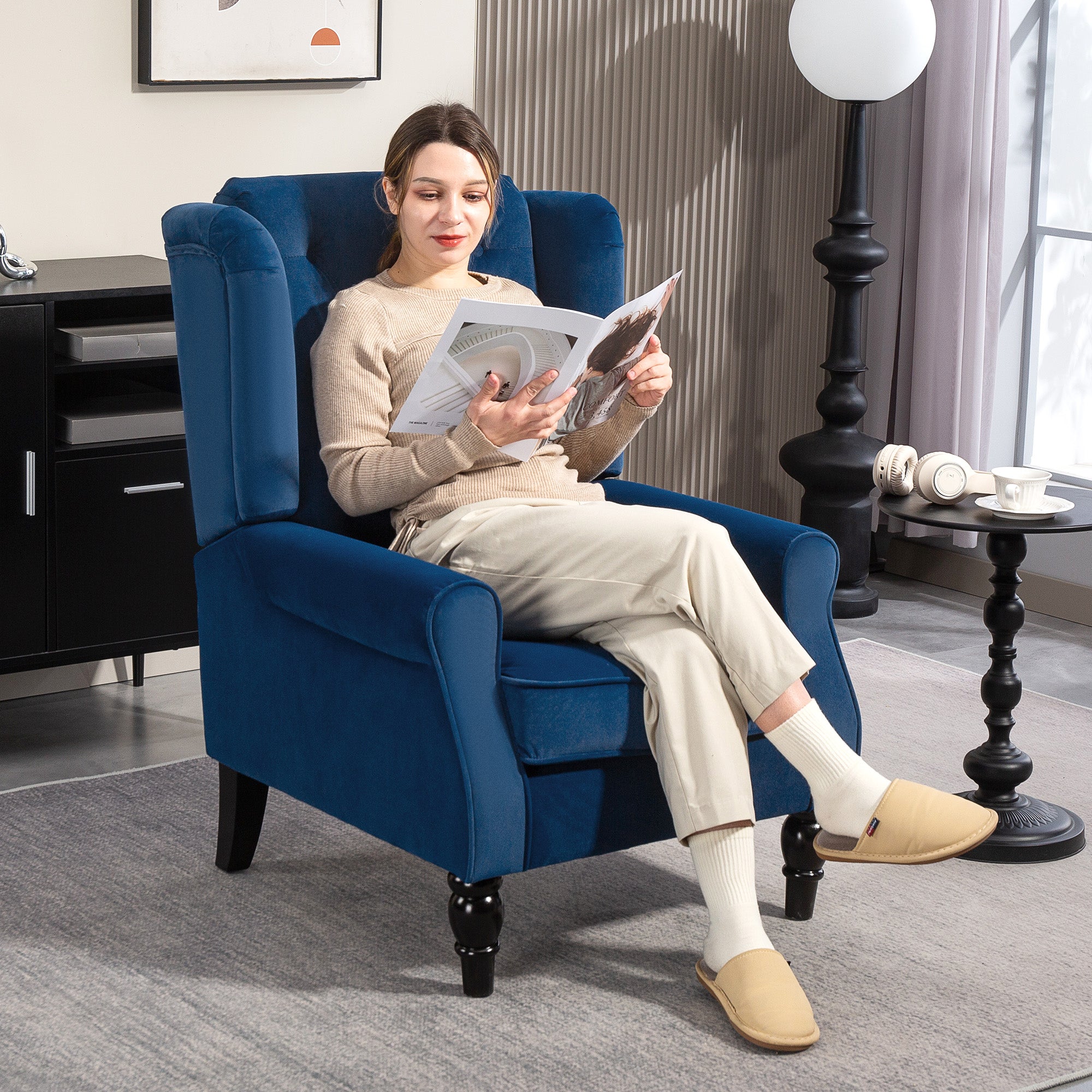 Wingback Accent Chair, Retro Upholstered Button Tufted Occasional Chair for Living Room and Bedroom, Blue