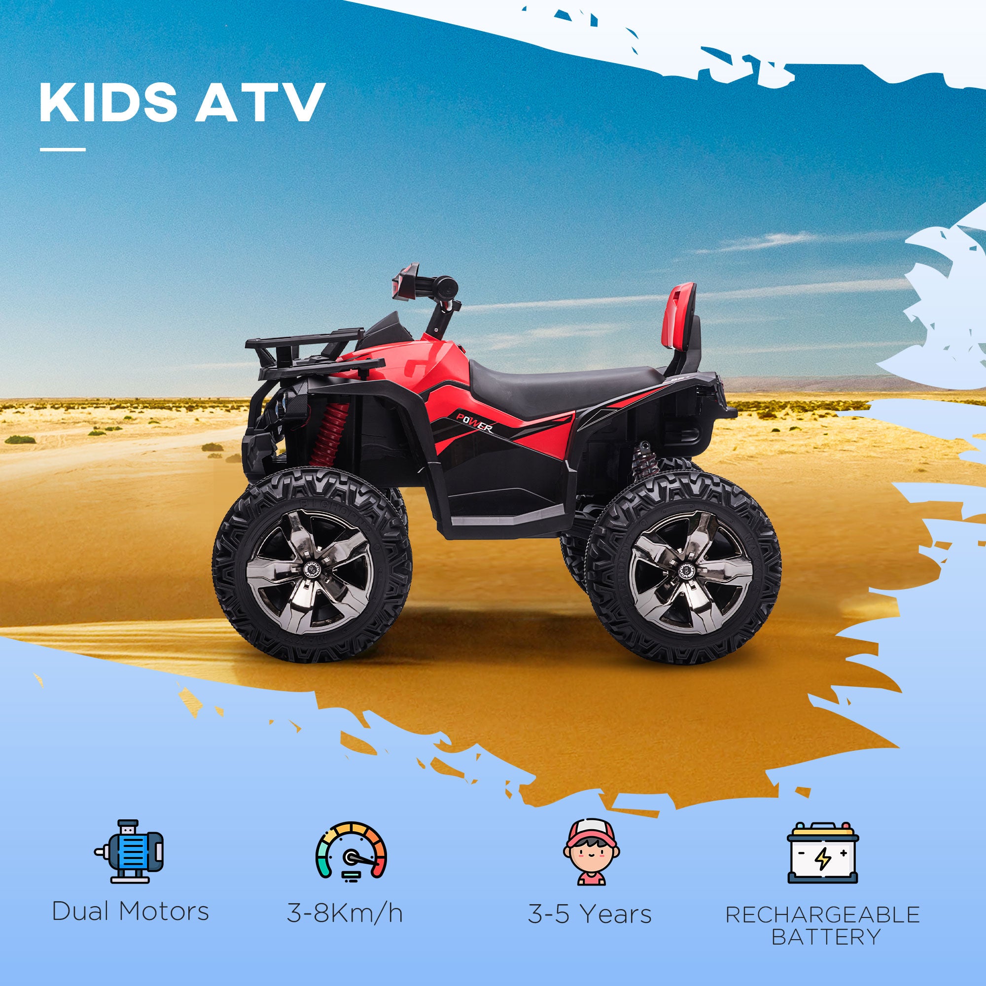 12V Quad Bike ATV with LED Lights, Music, Backrest, Forward, Backward, Red