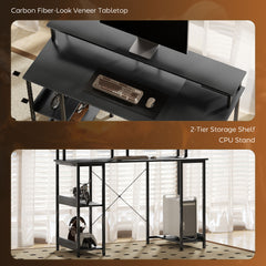 Fynco - LED Computer Desk, with Power Outlets and Shelves - Carbon Fibre Grey