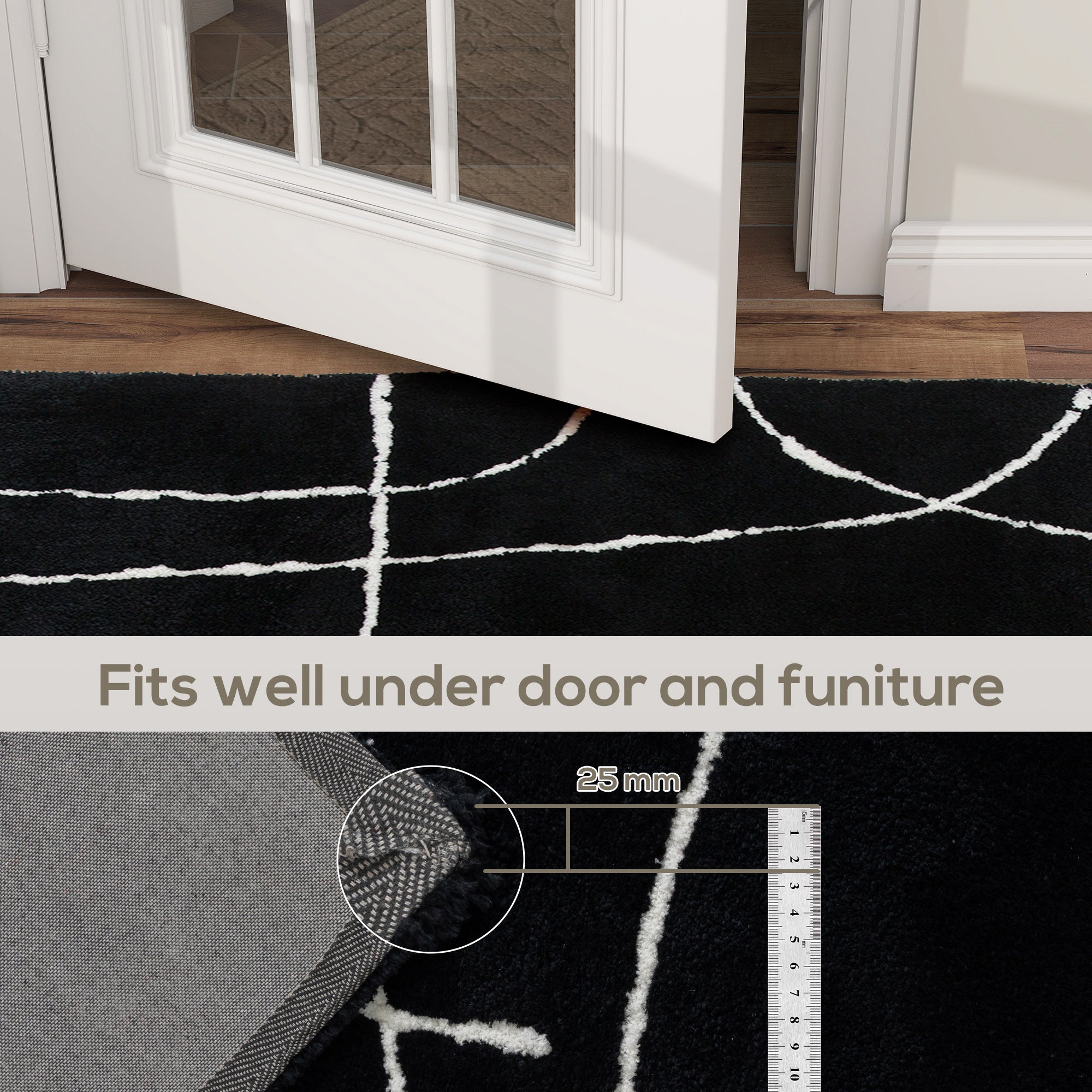 Fynco - Modern Fluffy Area Rug, Geometric Pattern Washable Rug, Soft High Pile Floor Carpet for Living Room, Bedroom, Dining Room, Home Office, 170 x 120 cm, Black