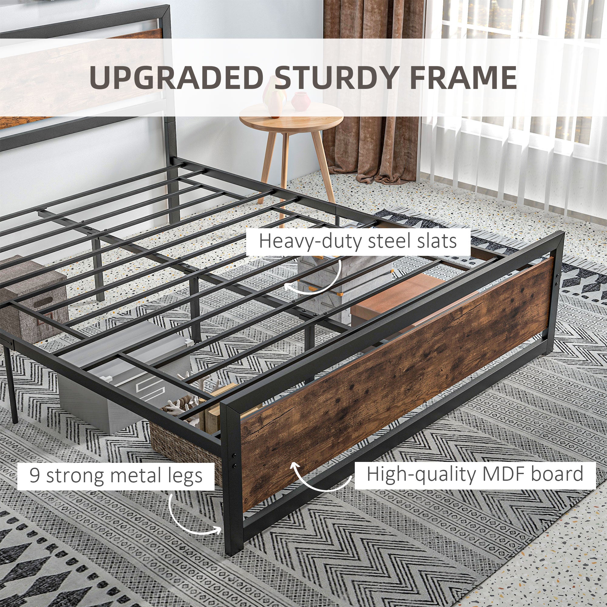 King Size Metal Bed Frame with Headboard & Footboard, Strong Slat Support Full Bed Frame w/ Underbed Storage Space, Bedroom Furniture For Adults