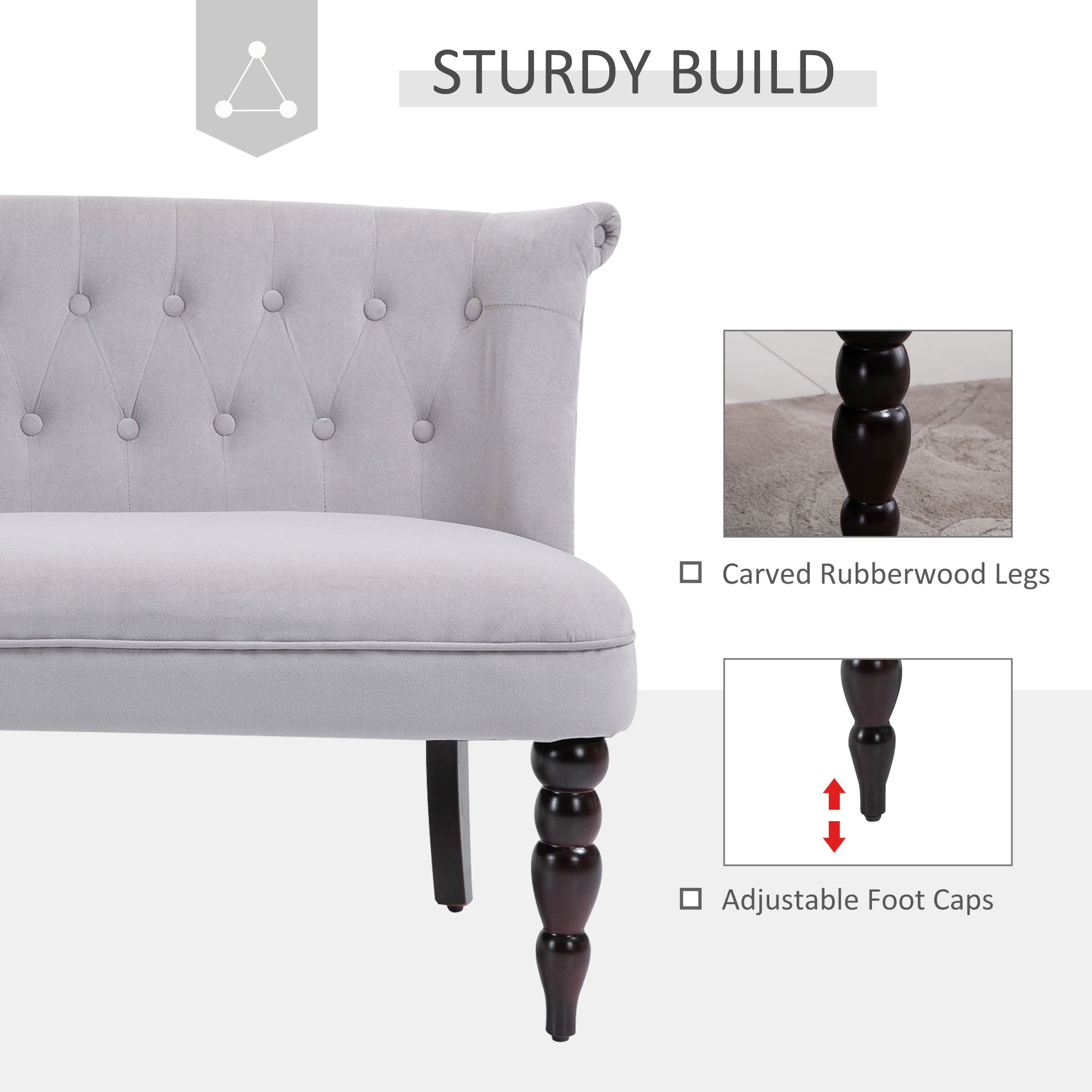 Loveseat with Wood Frame, Compact 2 Seater Sofa, Button Tufted Chaise Lounger with Carved Legs, Vintage Design for Bedroom Living room, Grey