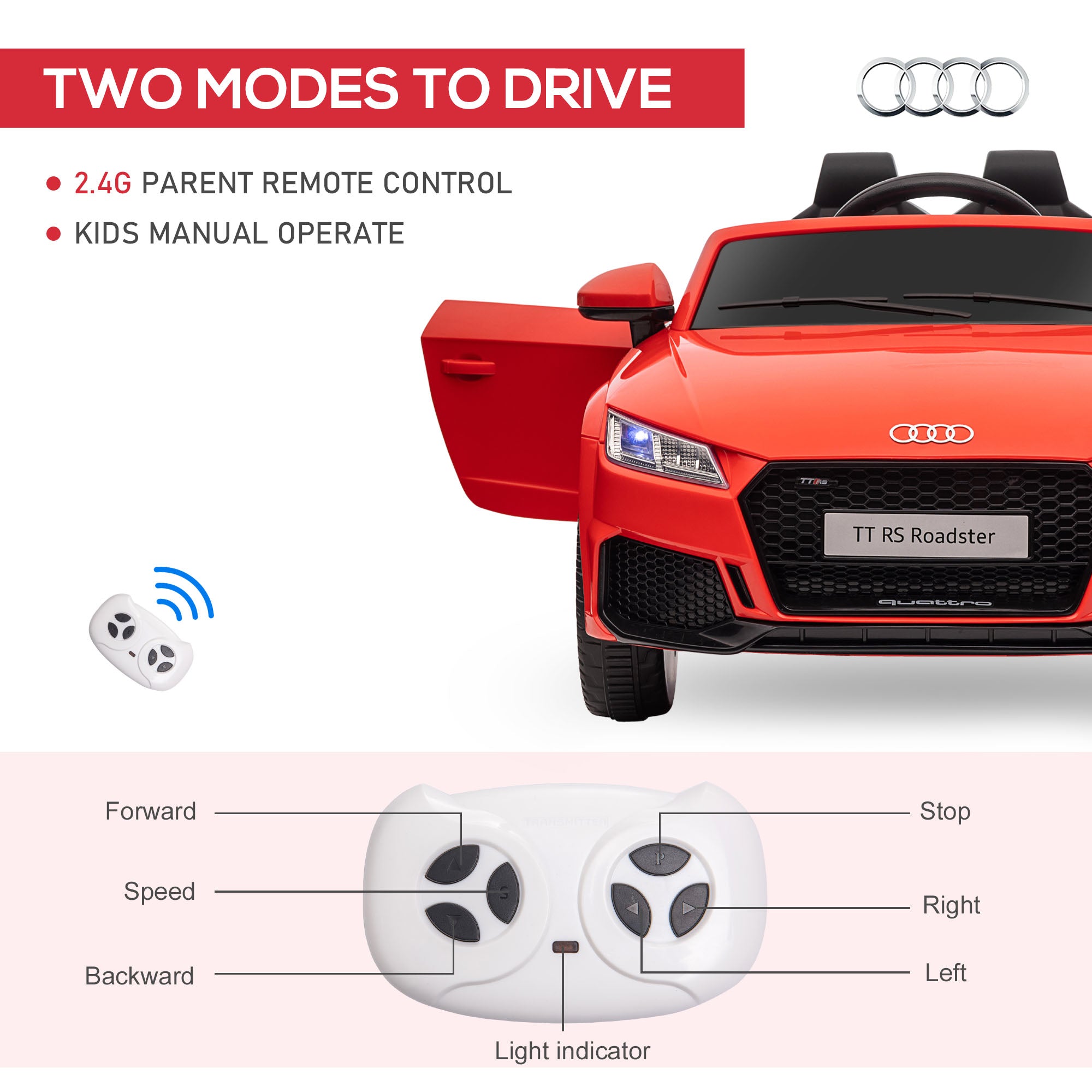 Kids Licensed Audi TT Ride-On Car 12V Battery w/ Remote Suspension Headlights and MP3 Player 3km/h Red