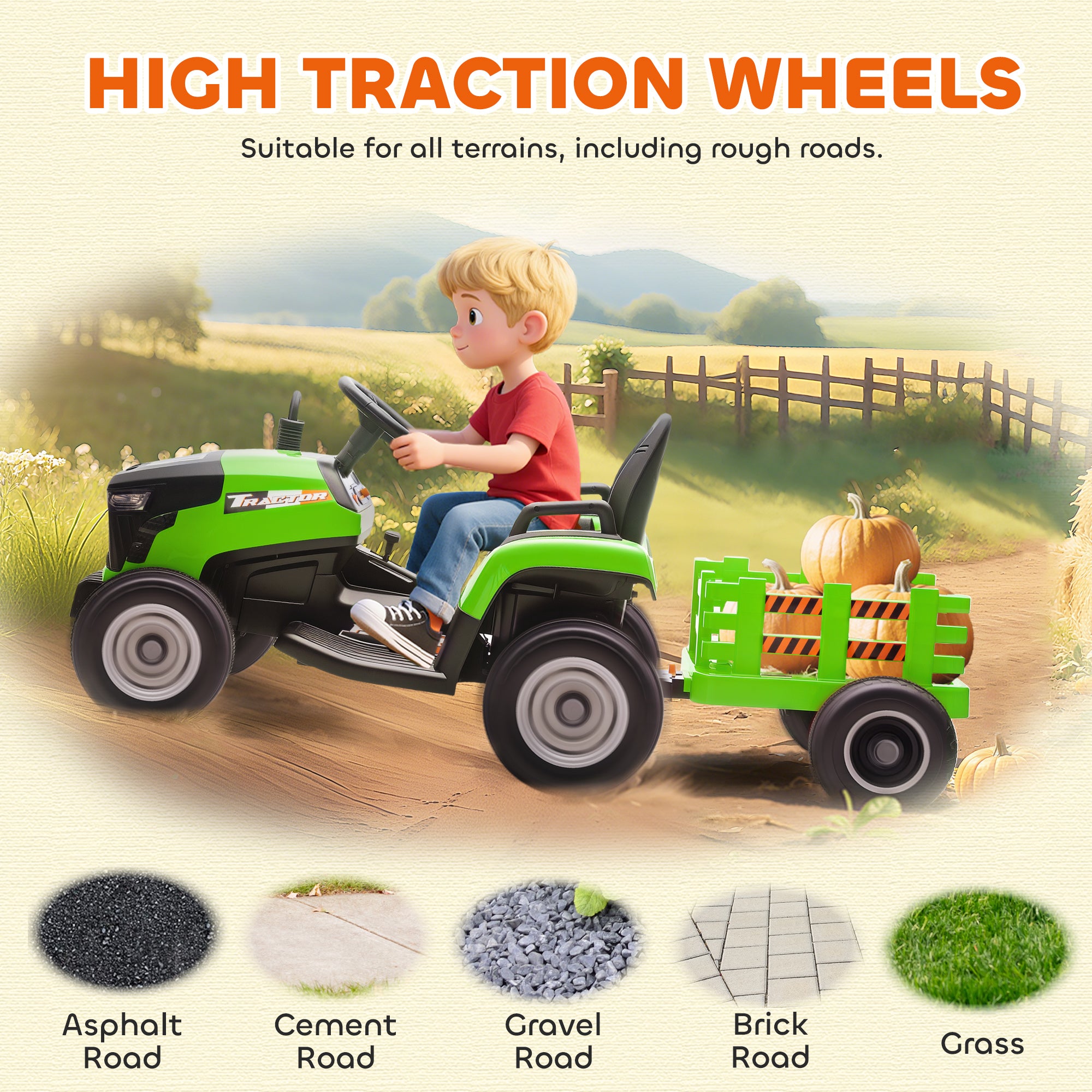 AIYAPLAY 12V Ride on Tractor and Trailer with Remote Control, Music, Shifter, Start-Up Sound, for Kids Ages 3-8 Years, Green