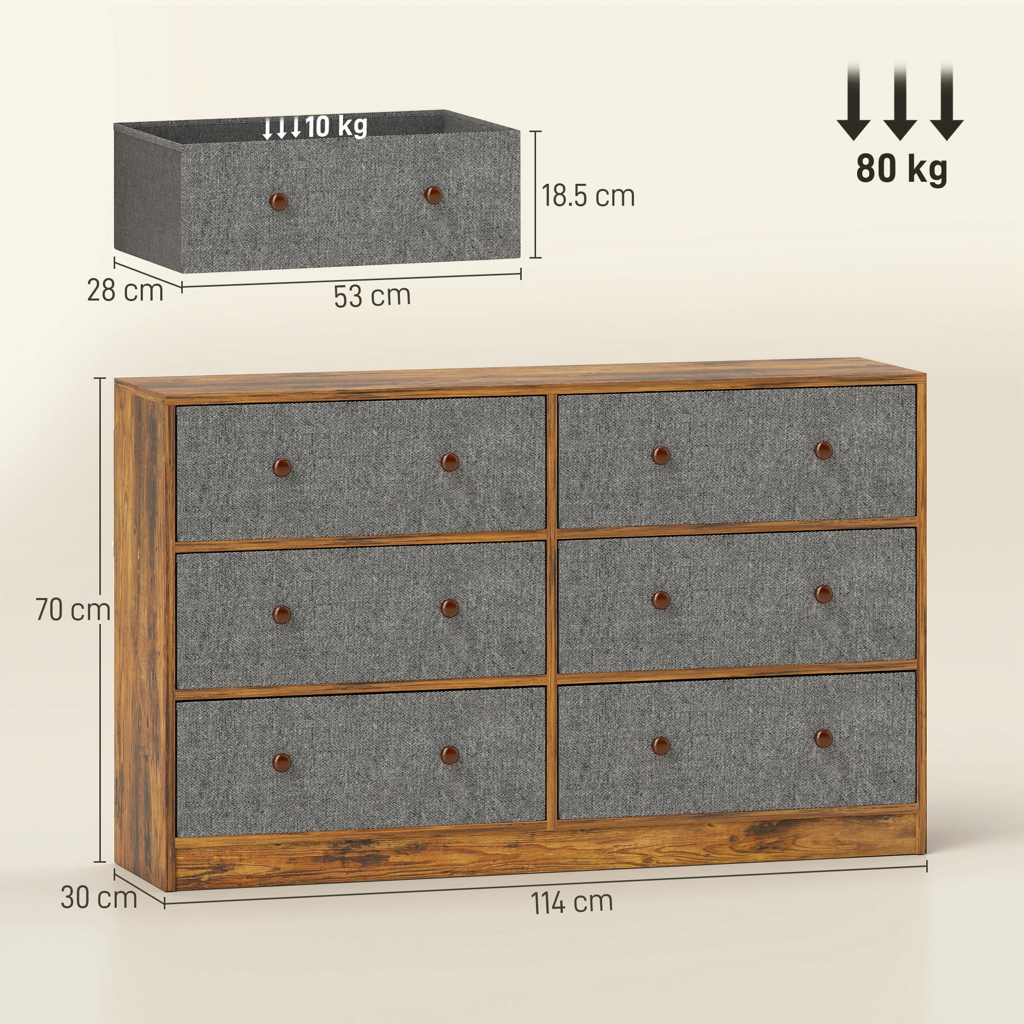 Chest of Drawers, Dresser with 6 Fabric Drawers - Grey and Rustic Brown