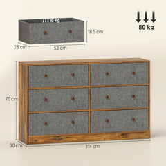 Chest of Drawers, Dresser with 6 Fabric Drawers - Grey and Rustic Brown