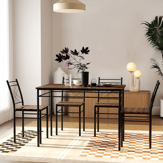 Modern Dining Table Set for 4, Space-Saving 5 Pieces Kitchen Table Set with Rectangle Table and Steel Frame, Oak